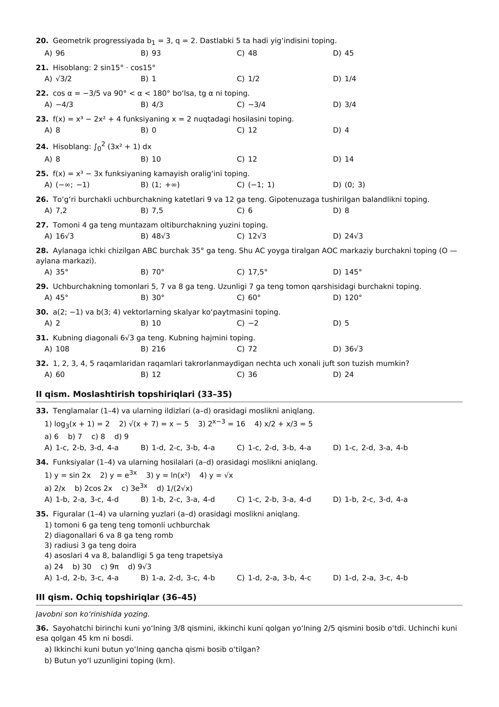 Matematika fanidan milliy sertifikat savollari 2