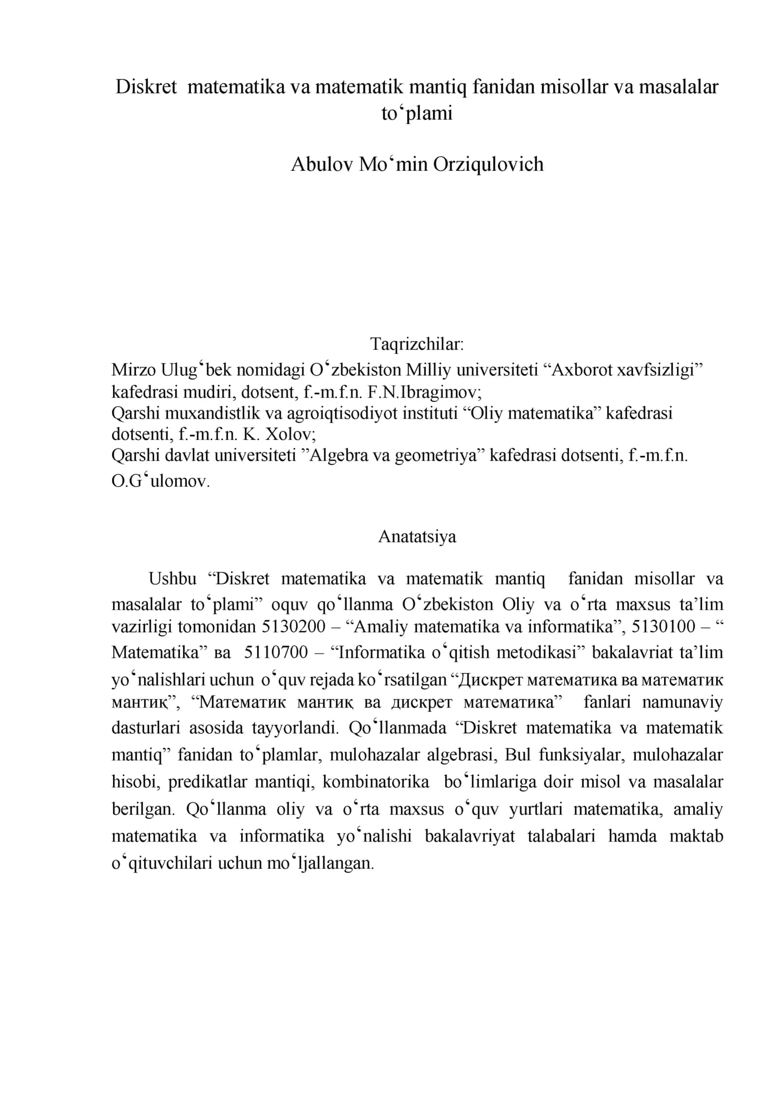 Diskret matematika va matematik mantiq fanidan misollar va masalalar toplami 2