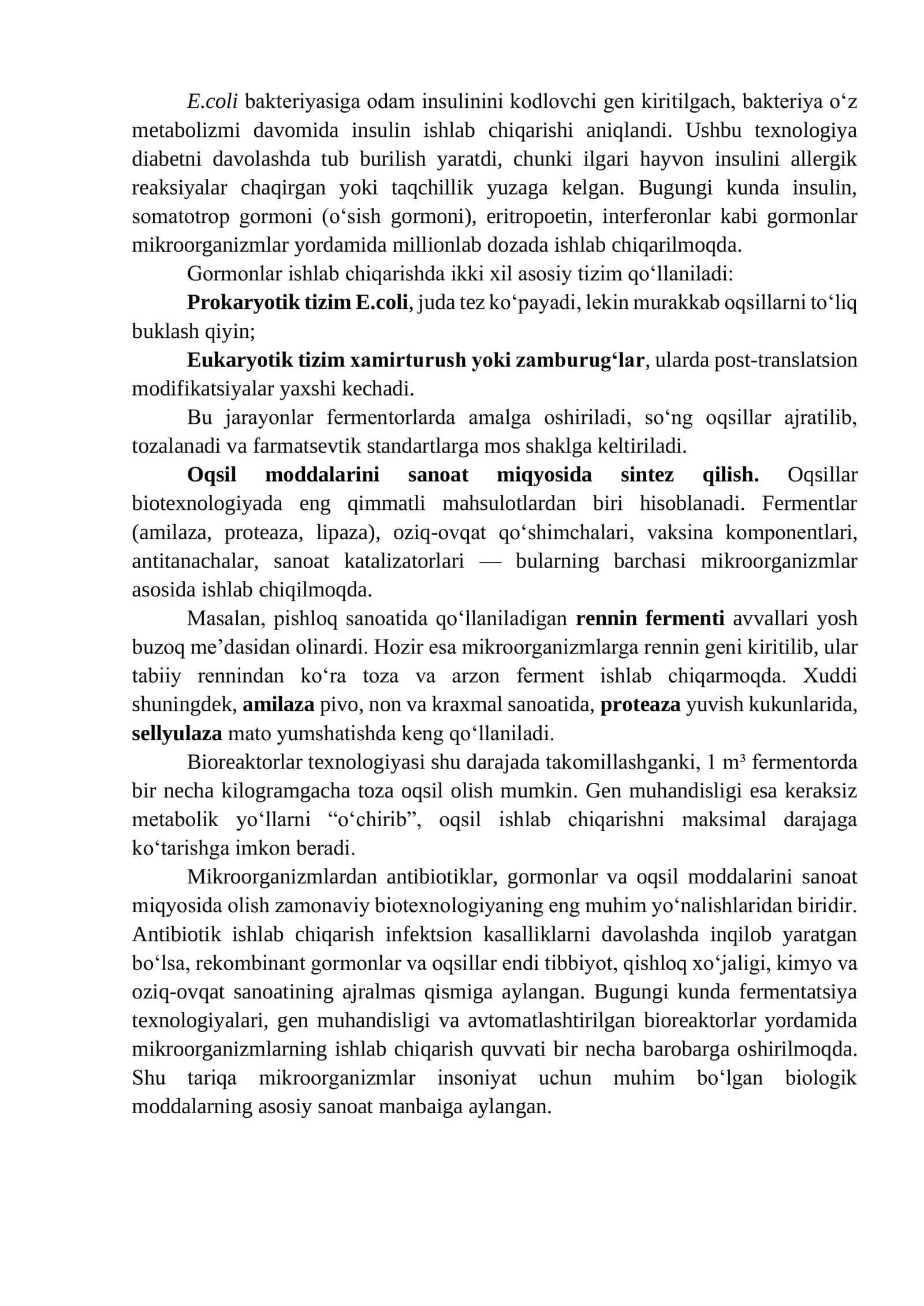 Mikroorganizmlardan antibiotik, gormon va oqsil moddalarini sanoat usulida sintezlab olish bo‘yicha olib borilgan ishlarni tahlil qilish 2