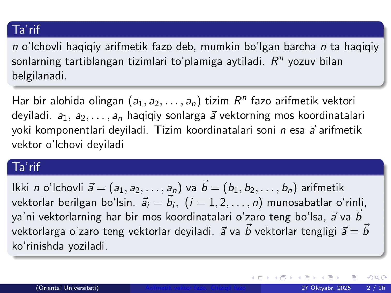 Arifmetik vektor fazo. Chiziqli fazo 2