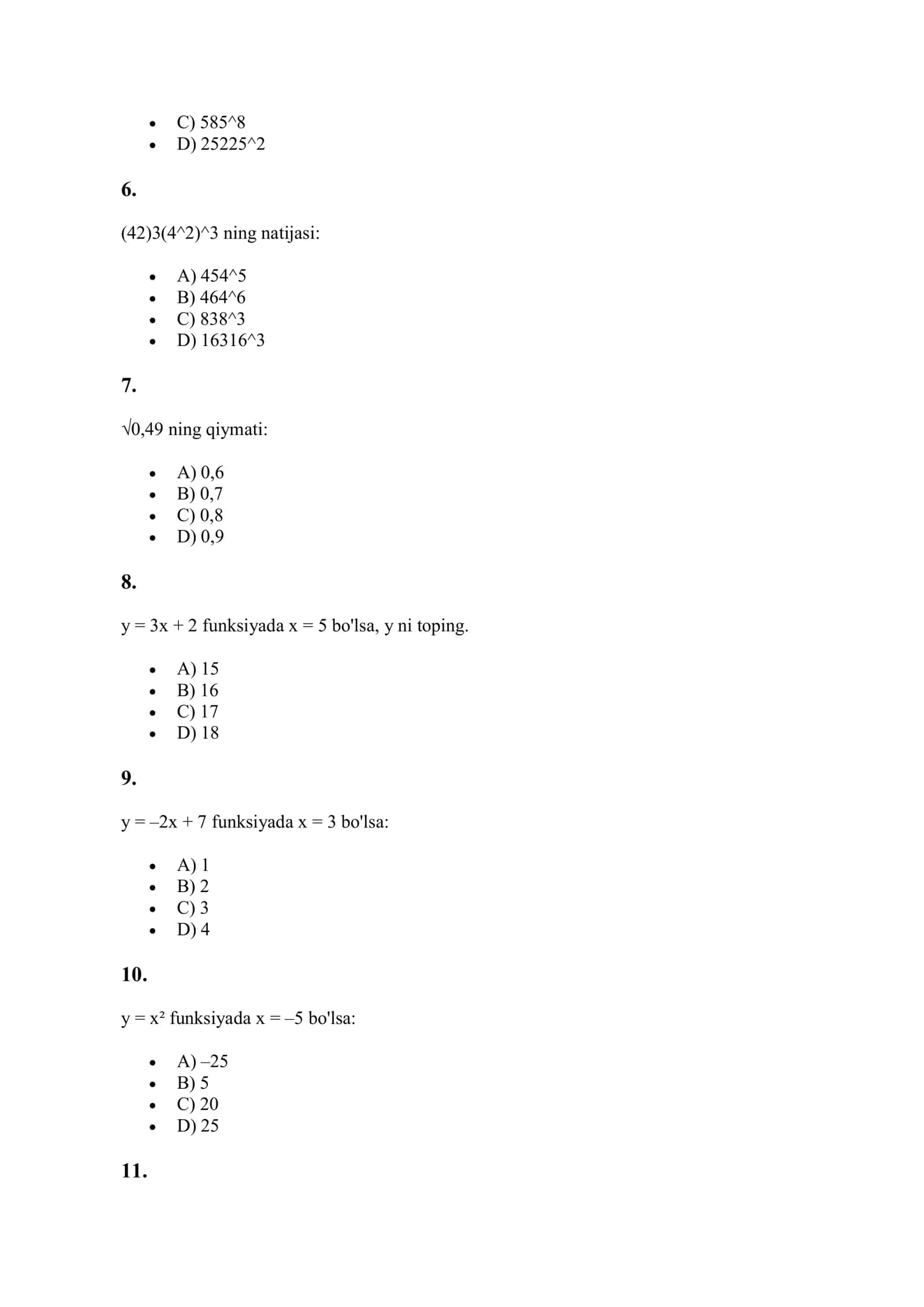 [9-sinf Matematika (Algebra va Geometriya) 1-chorak testlari (1–100)] 2