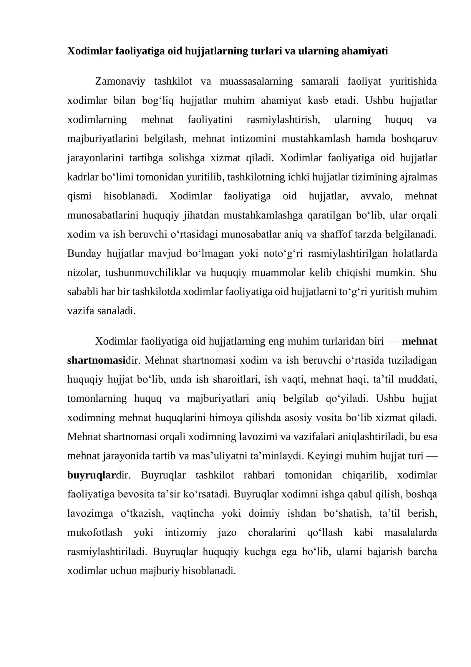 Xodimlar faoliyatiga oid hujjatlarning turlari va ularning ahamiyati 2