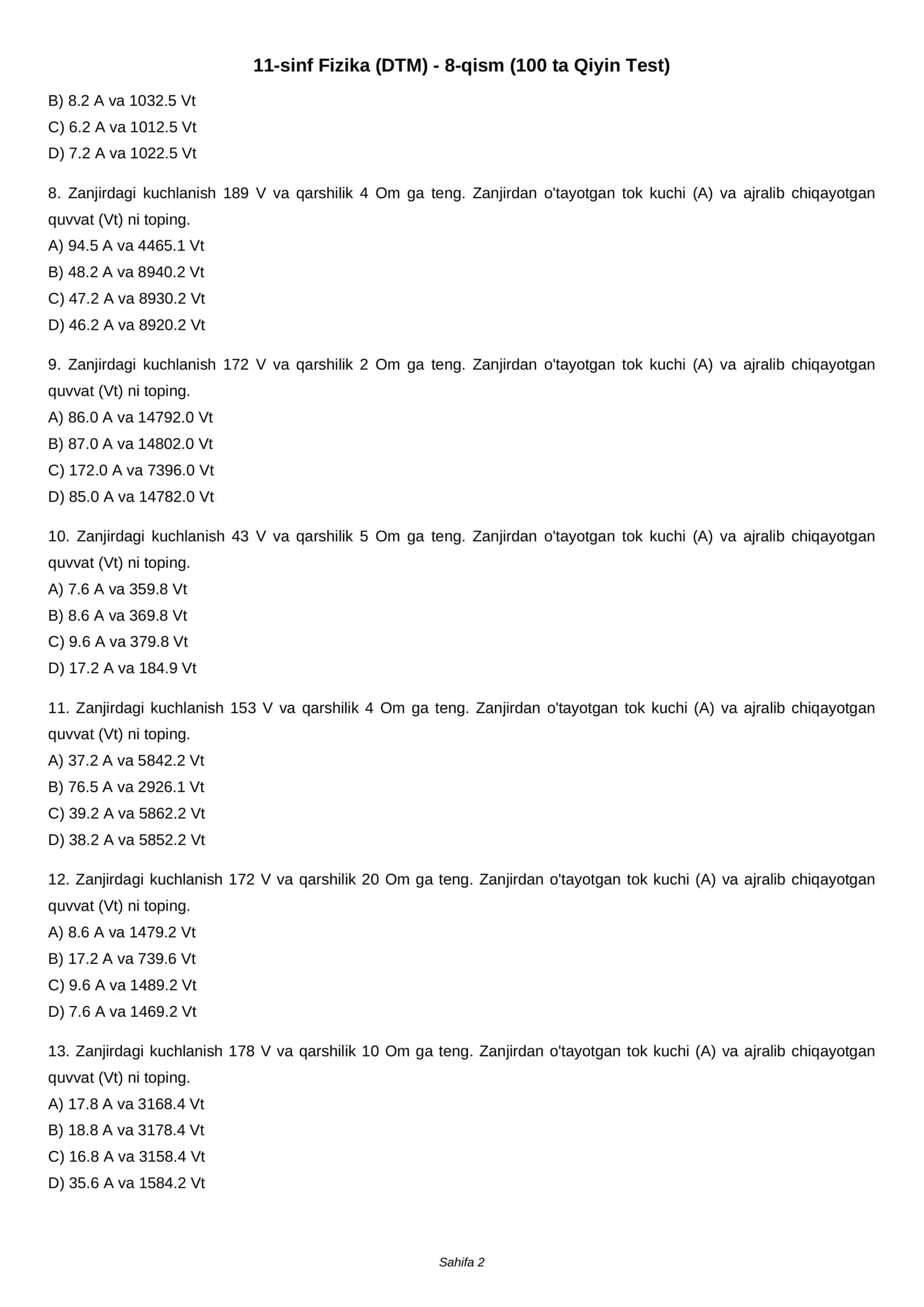 11-sinf Fizika (DTM) - 8-qism (100 ta Qiyin Test) 2