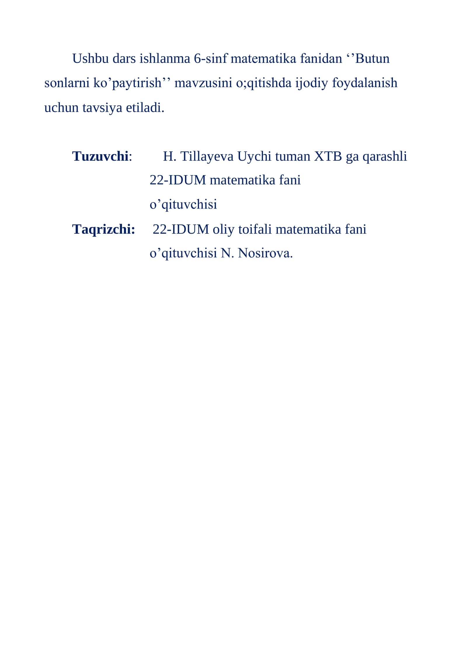 6-sinf Matematika fanidan Butun sonlarni ko'paytirish mavzusida ochiq dars ishlanma 2
