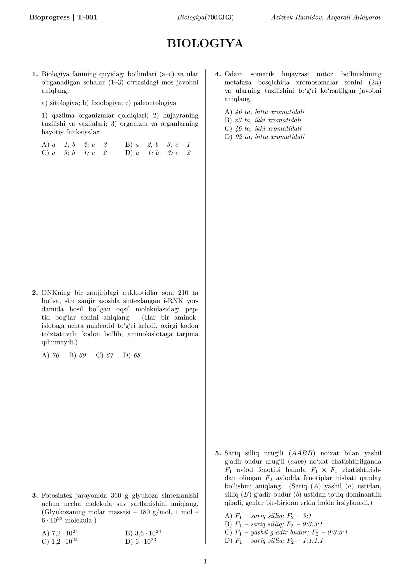 Biologiya Test Topshiriqlari 2