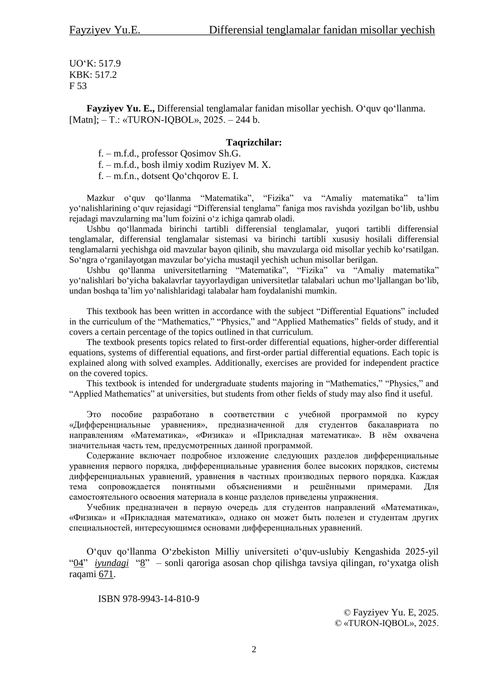 Differensial tenglamalar fanidan misollar yechish 2