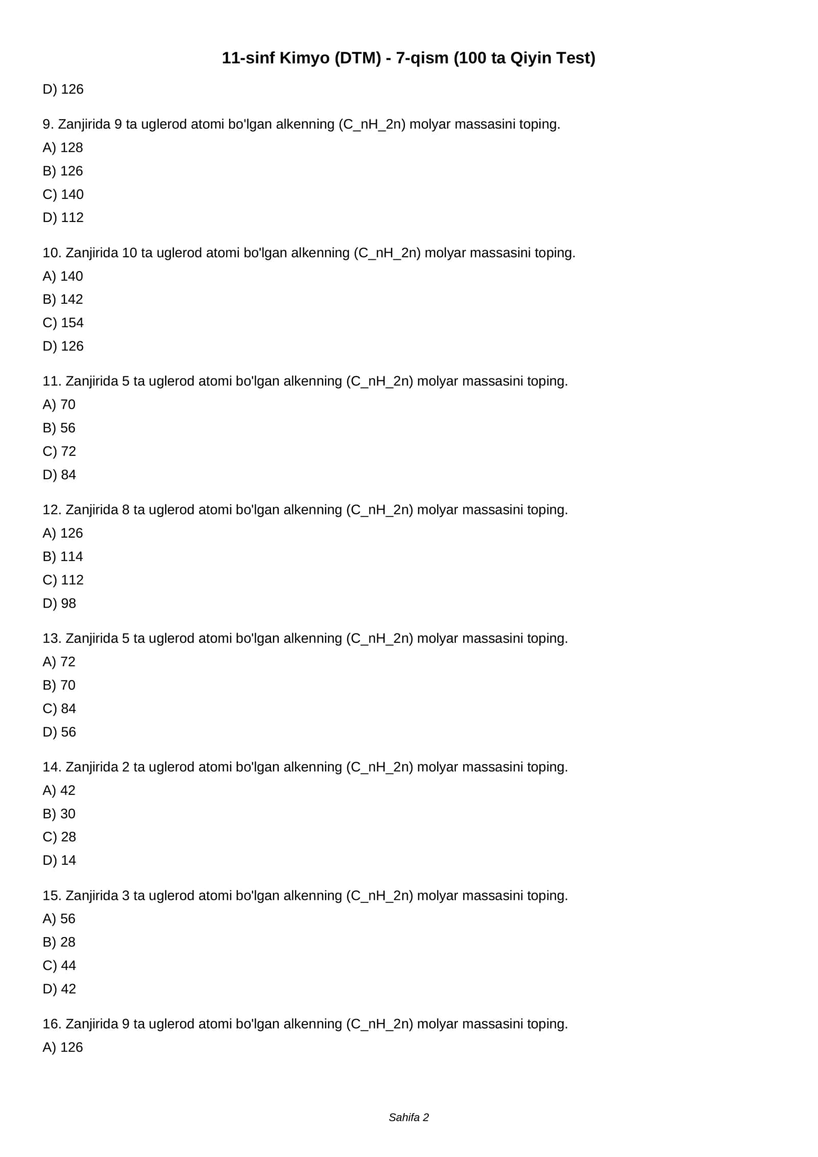 11-sinf Kimyo (DTM) - 7-qism (100 ta Qiyin Test) 2