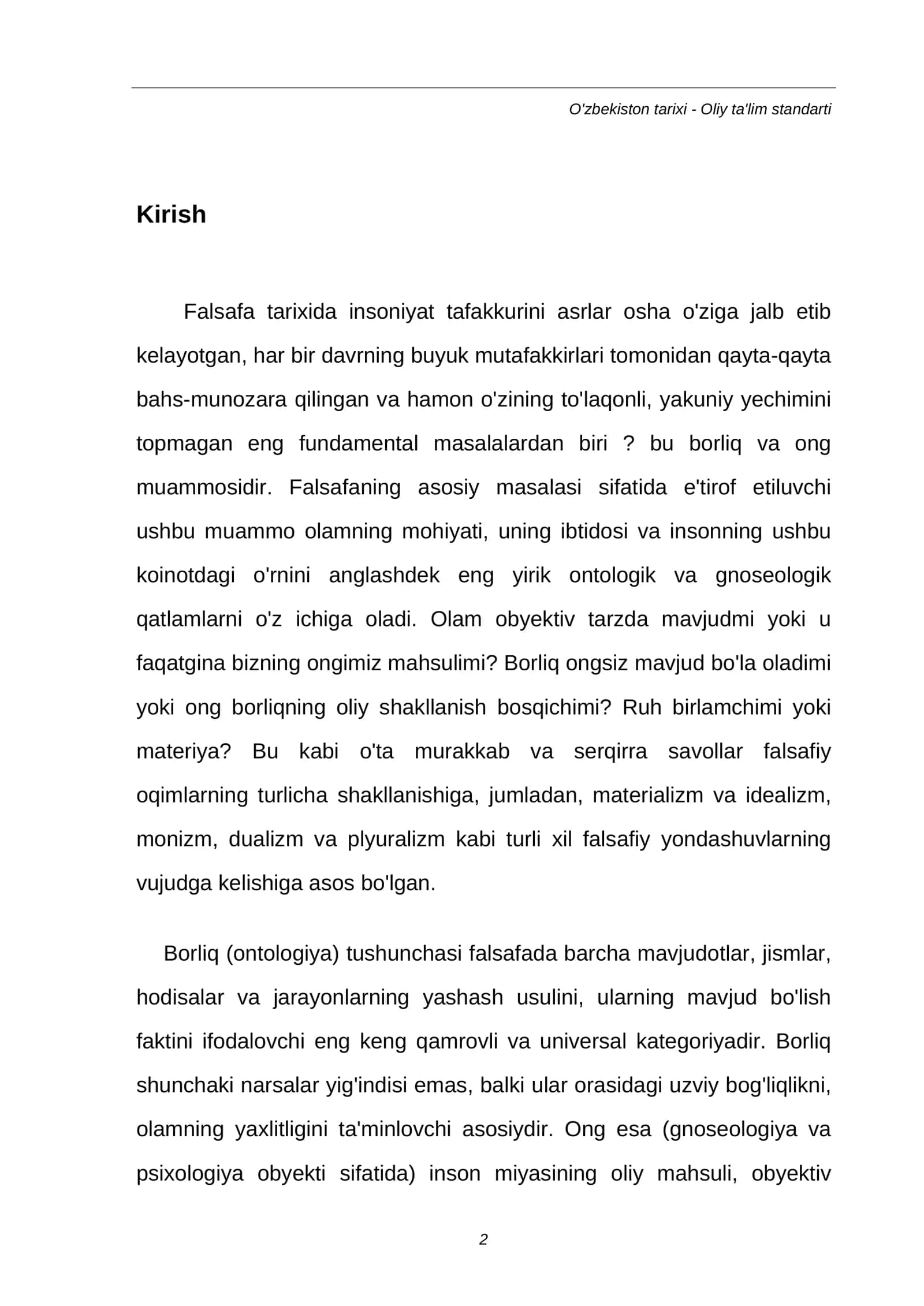 MUSTAQIL ISH: Borliq va ong muammosining falsafiy tahlili 2