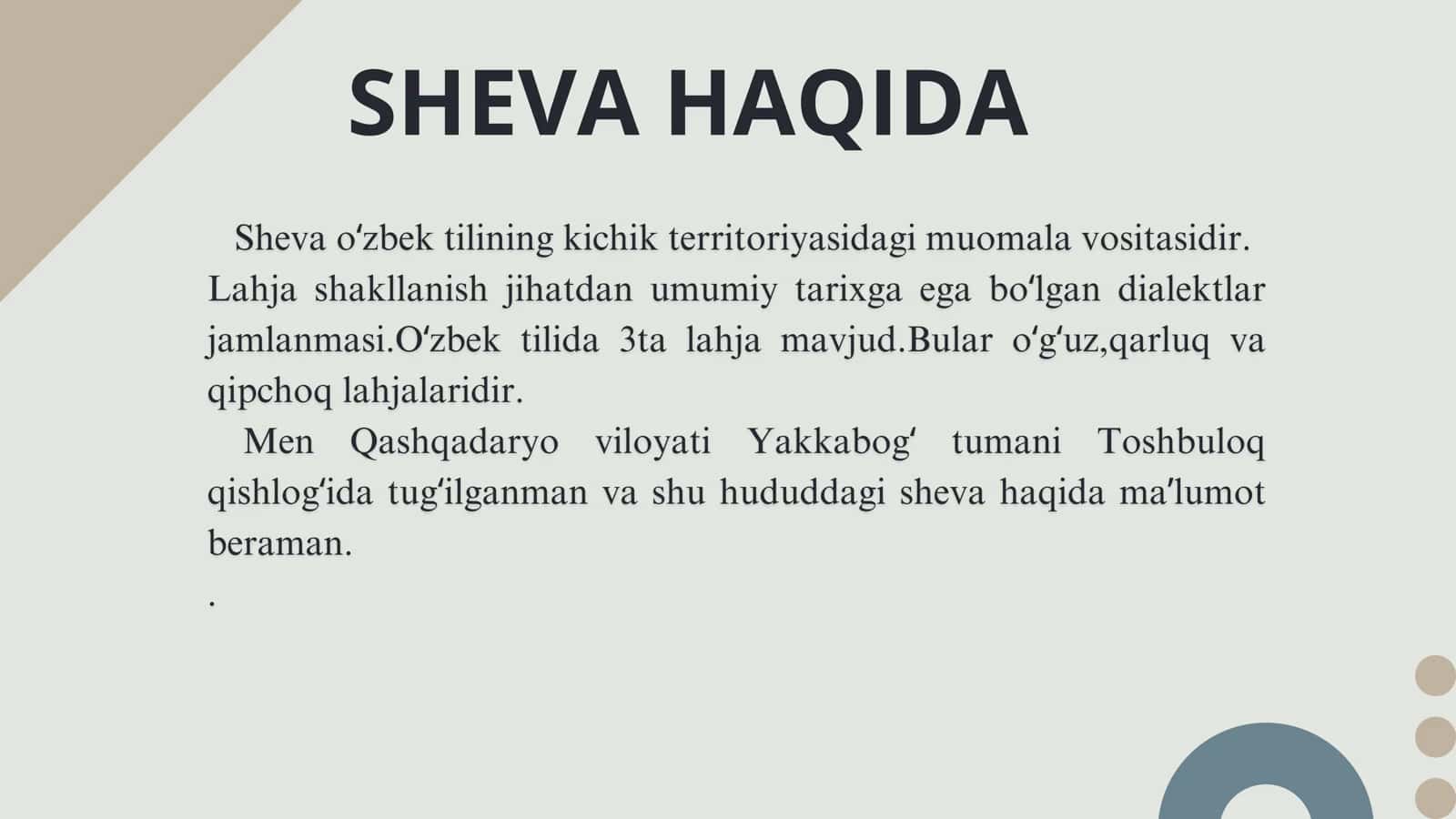 Sheva va lahja haqida umumiy maʼlumotlar 2