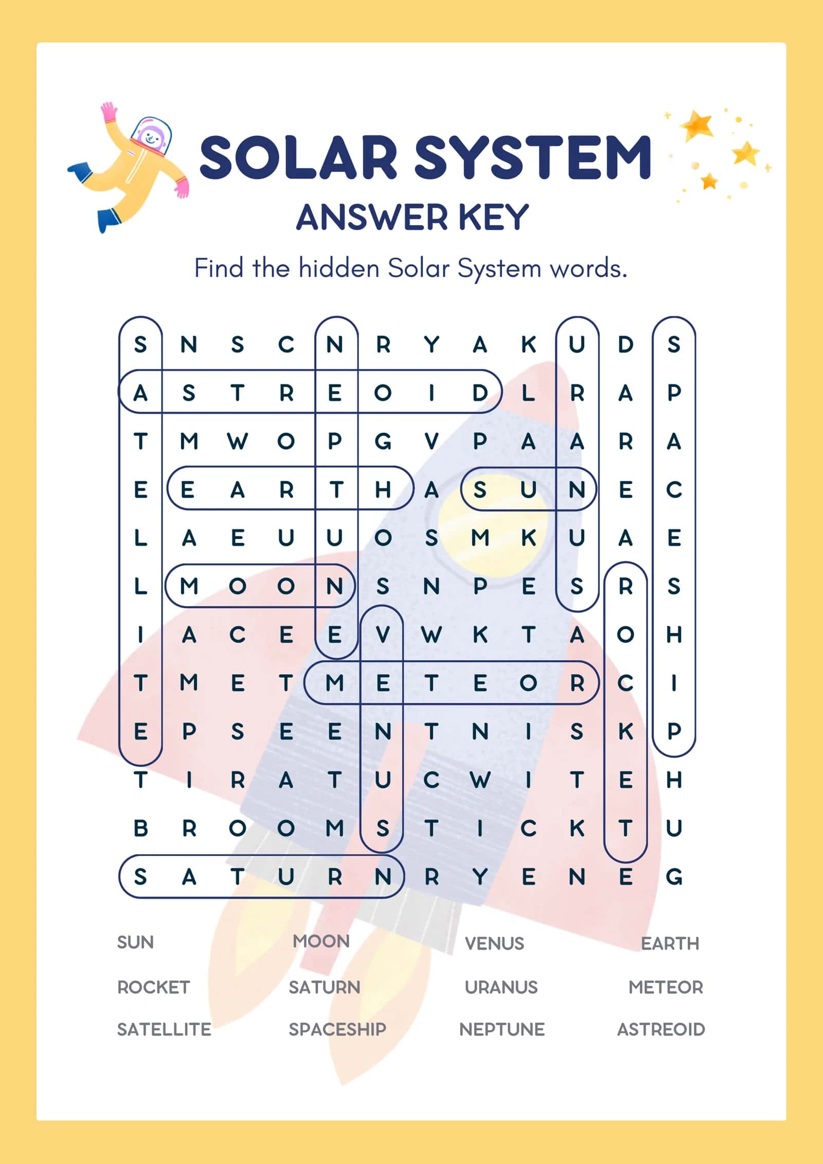 Quyosh tizimi: Qiziqarli "Wordsearch" va Javoblar kaliti (Solar System, PDF) 2