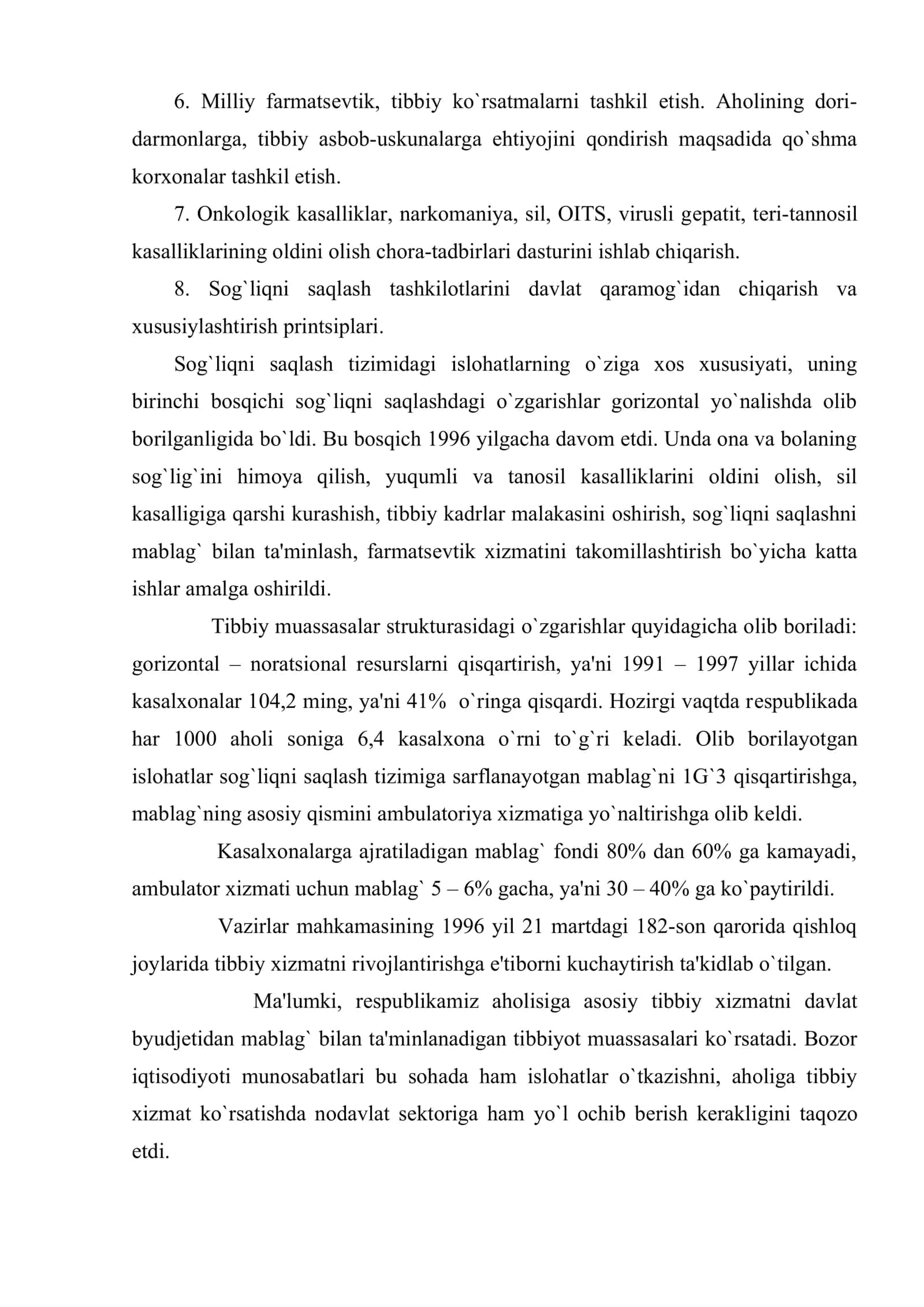 O`zbеkiston rеspublikasi sog`liqni saqlash vazirligining aholi sog`lig`ini saqlashning gigiеnik asoslarini mustahkamlash va rivojlantirishga qaratilgan tadbirlari va qarorlari 2