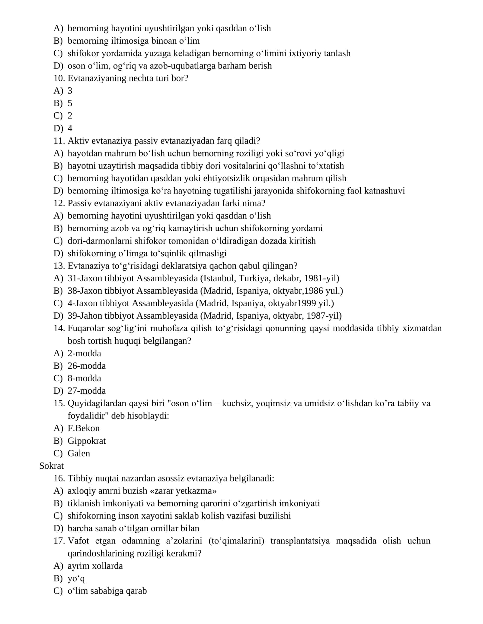 Bioetika Test Savollari 2