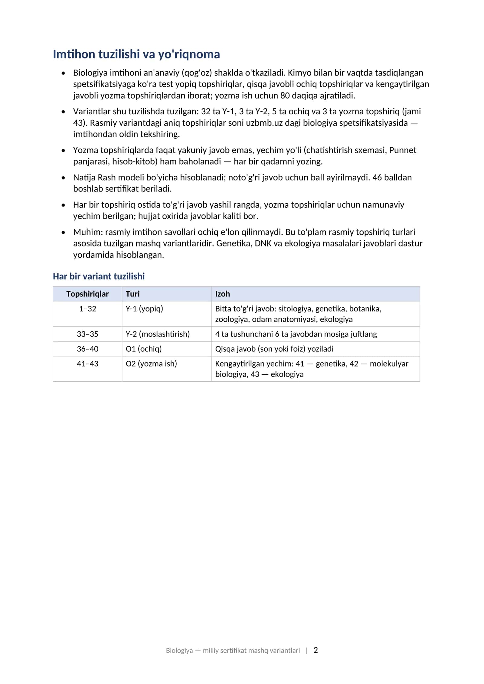 BIOLOGIYA Milliy sertifikat imtihoniga tayyorgarlik: variantlar to'plami (2025–2026) 2