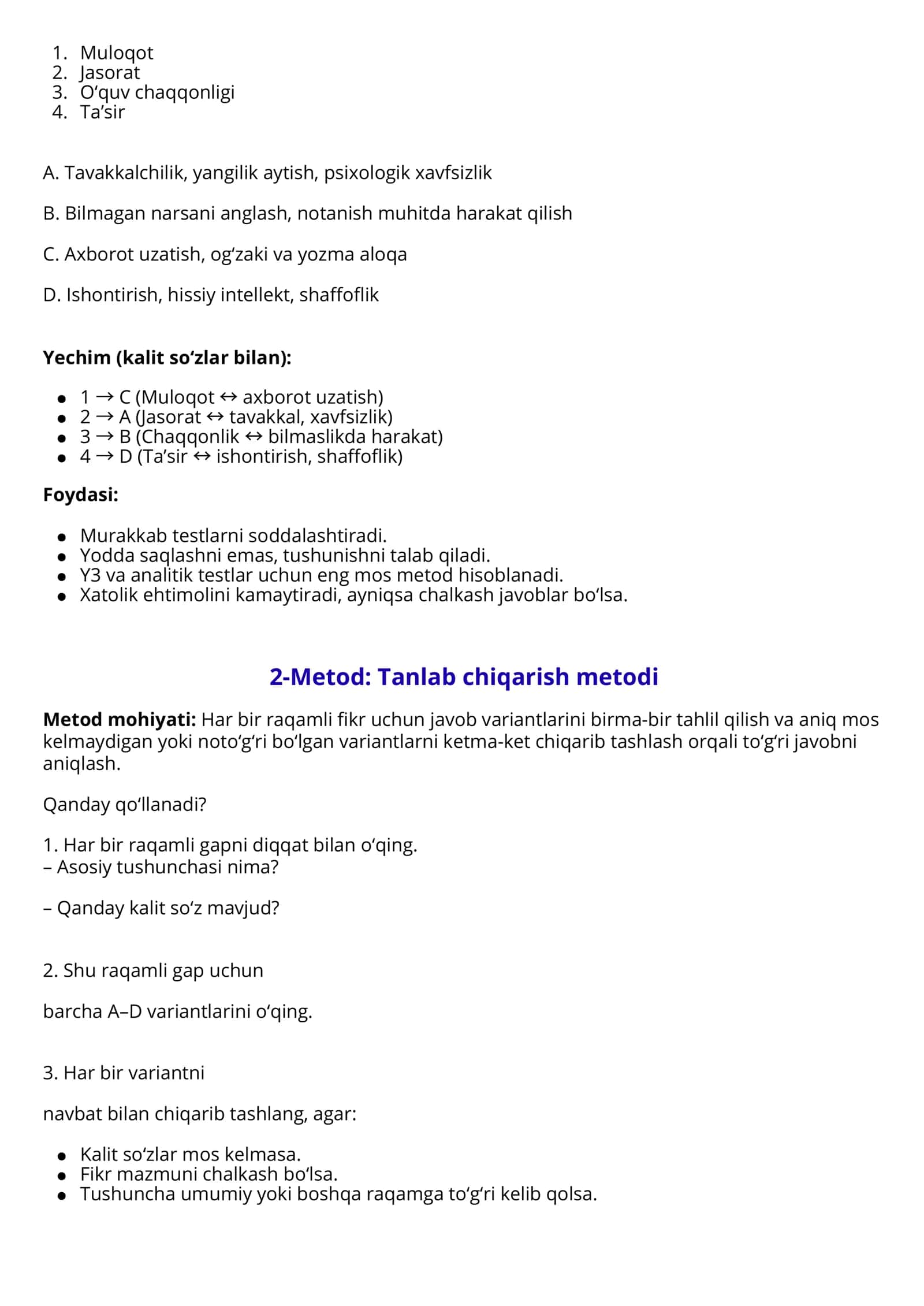Moslashtirish testlarini yechish metodlari 2