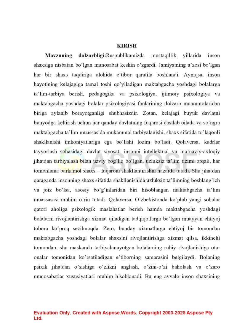 Kurs ish: Maktabgacha yoshdagi bola taraqqiyotini umumiy tavsif 2