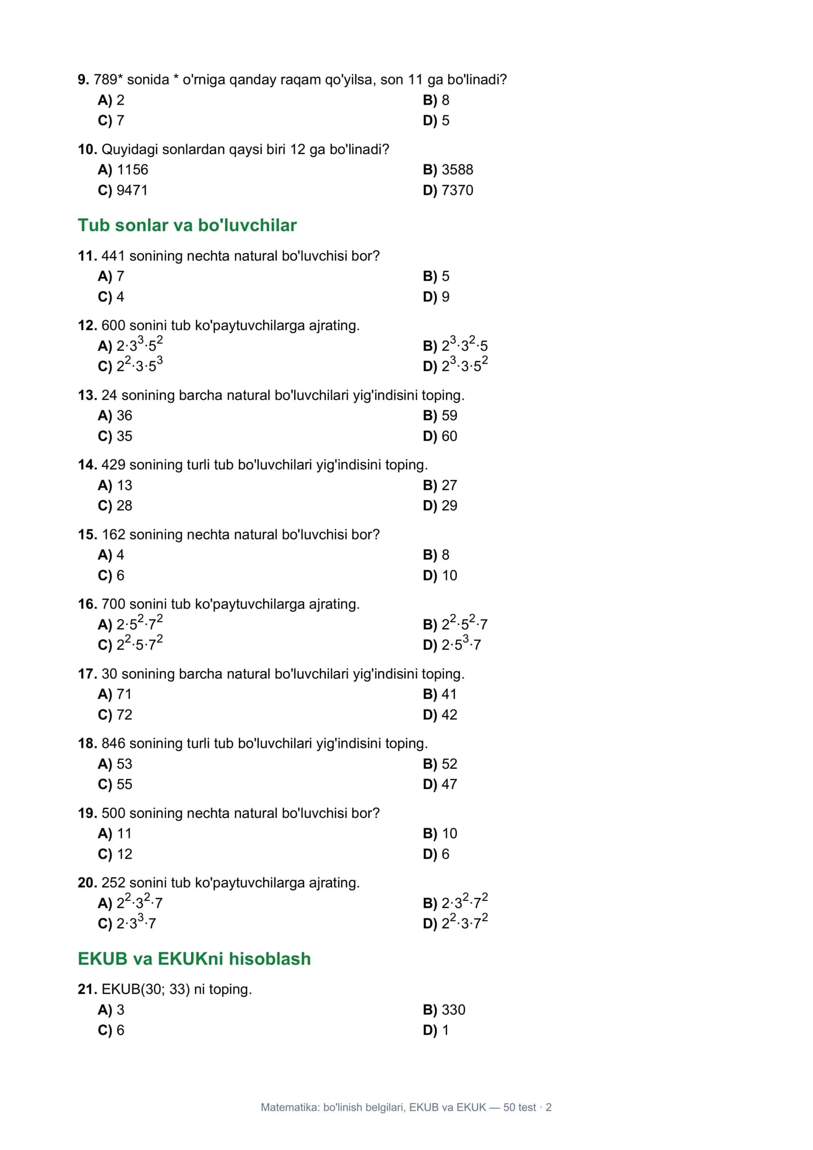 Matematika: Bo'linish belgilari, EKUB va EKUK — 50 test 2