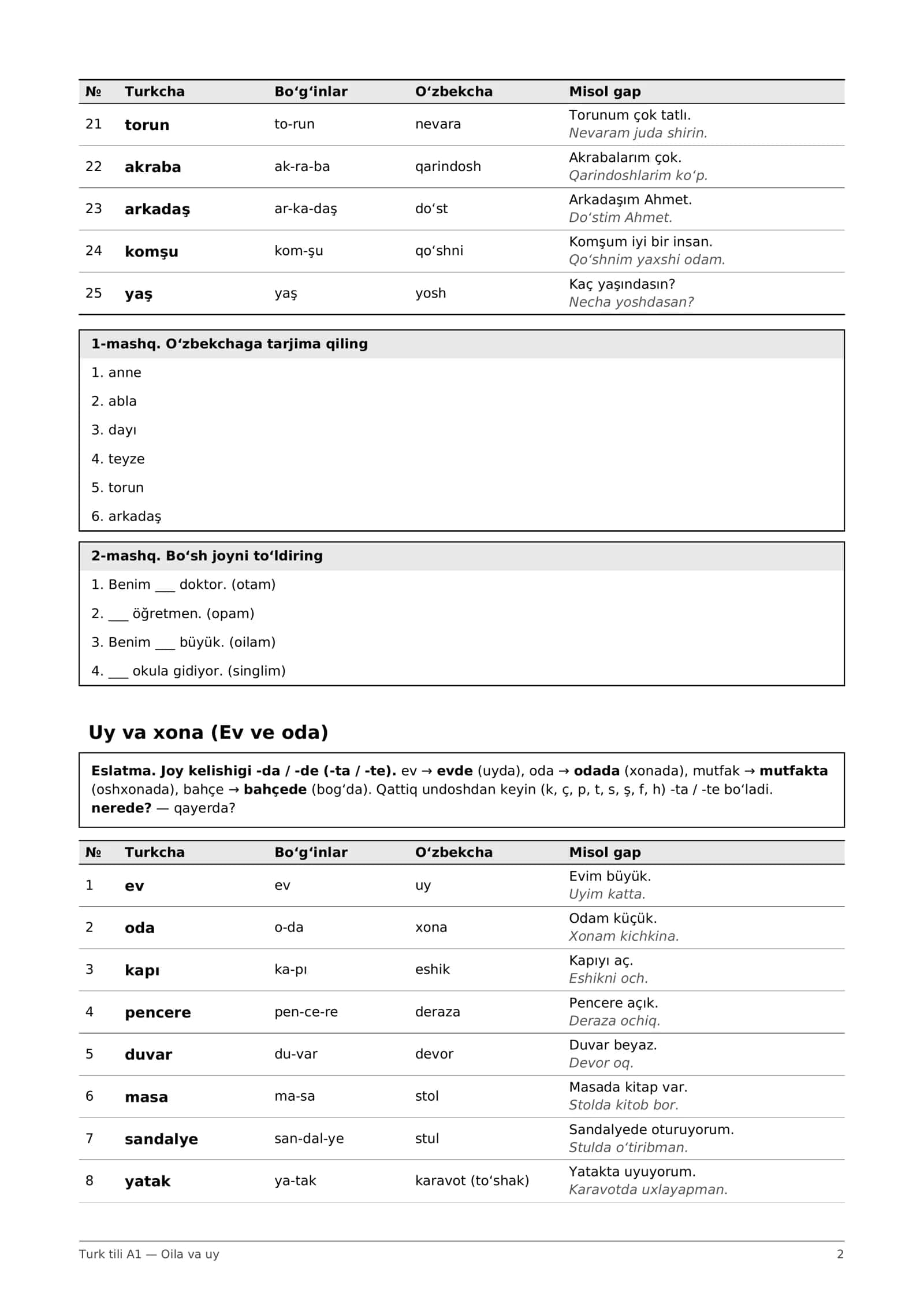 Oila va uy: A1 mini lug'at, 50 so'z + mashqlar (PDF) 2