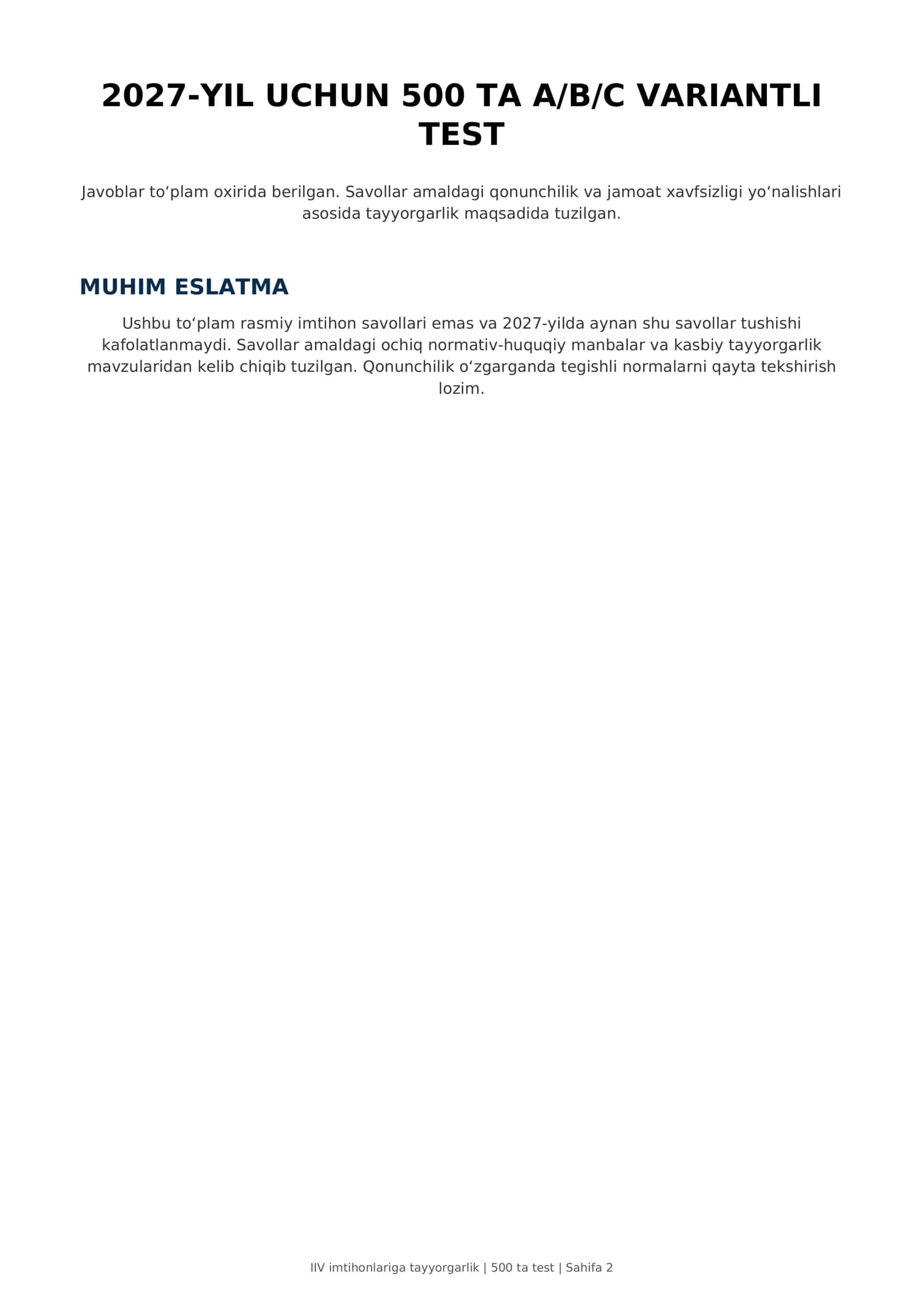 Ichki ishlar organlari imtihonlari test savol va javoblari 2027 yangi 2