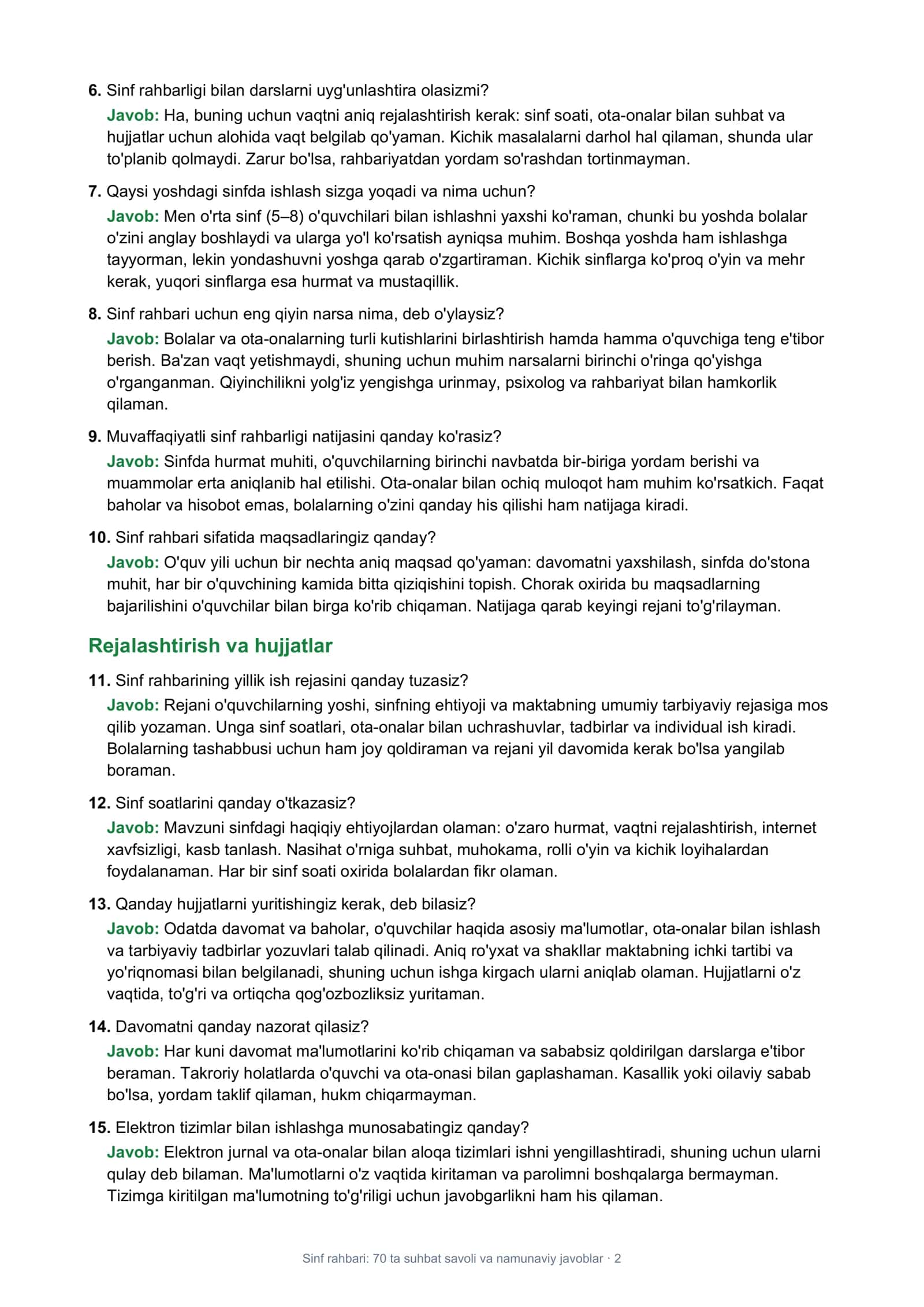Sinf rahbari: 70 ta suhbat savoli va namunaviy javoblar · 1 2