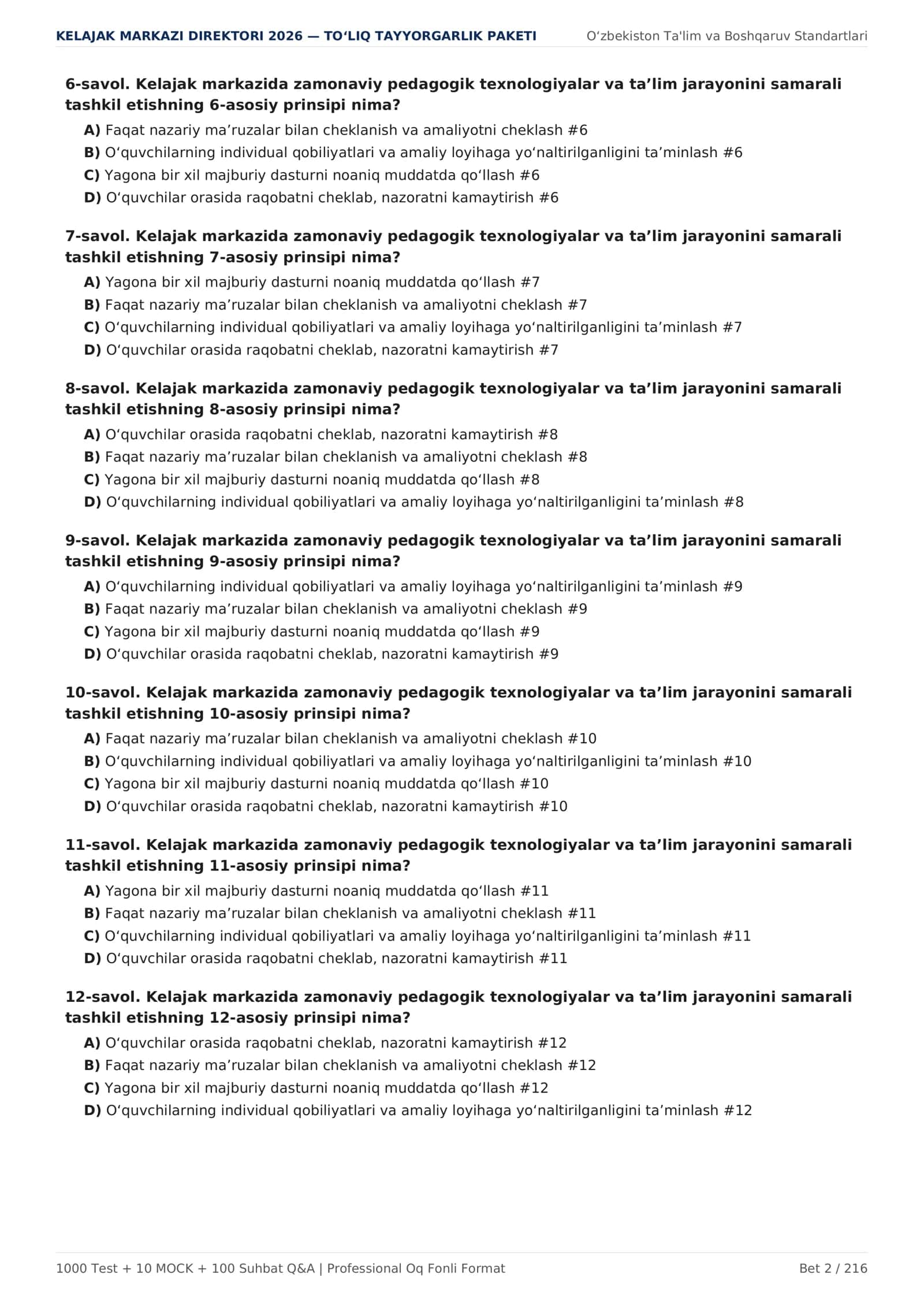 KELAJAK MARKAZI DIREKTORI 2026 — 1000 TEST + 10 MOCK + 100 SUHBAT 2