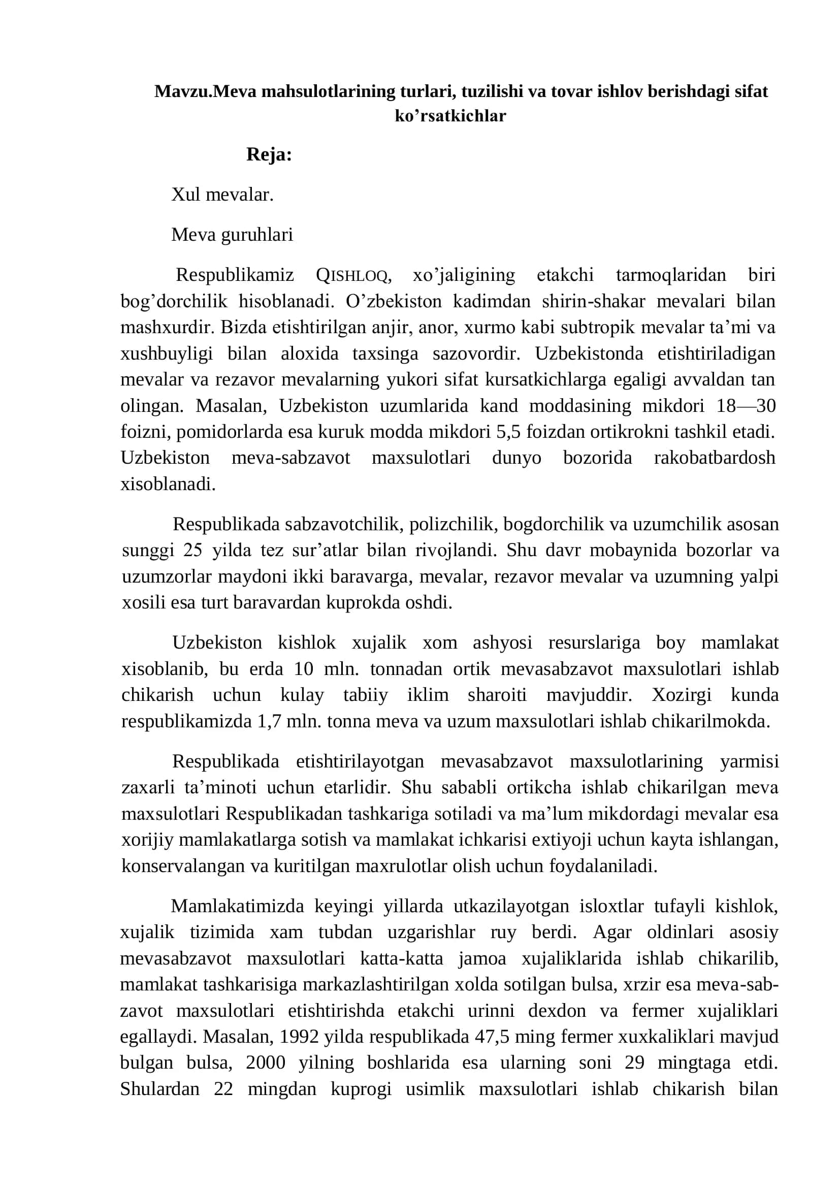 Meva Mahsulotlarini Tayyorlash va Qayta Ishlash Referati 2