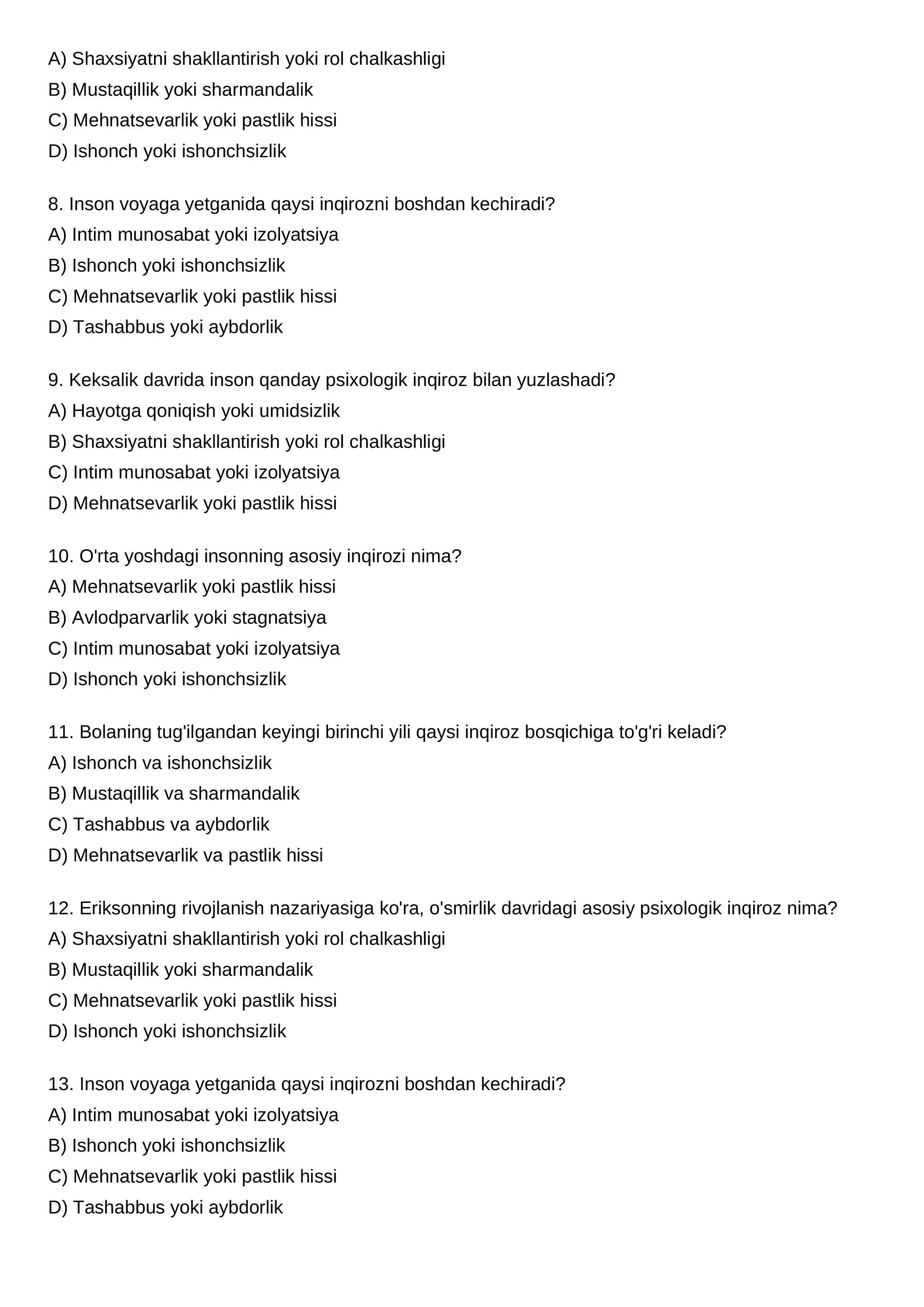 Umr Davrlari Inqirozlari bo'yicha Test 2