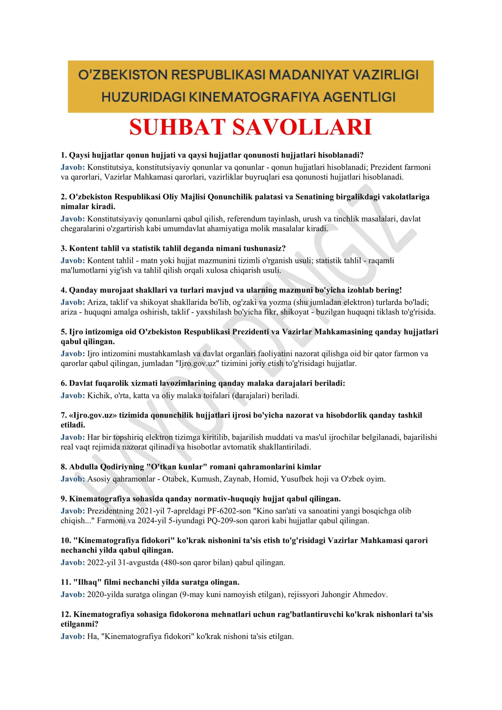 "ARGOS" suhbat savollari 2026 — O'zbekiston Respublikasi Madaniyat vazirligi huzuridagi Kinematografiya agentligi (101 savol-javob) 2