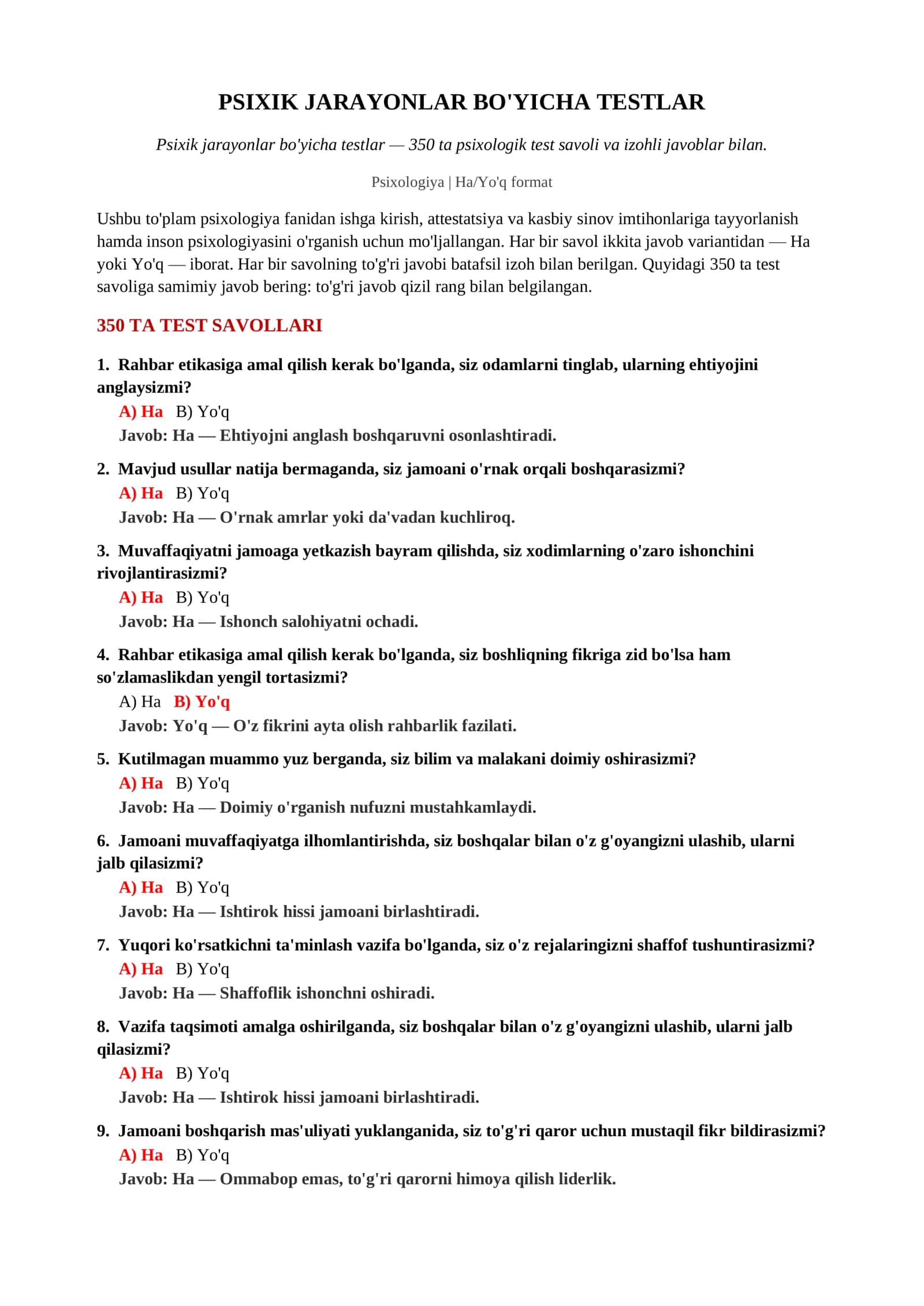 Psixik jarayonlar bo'yicha testlar 2