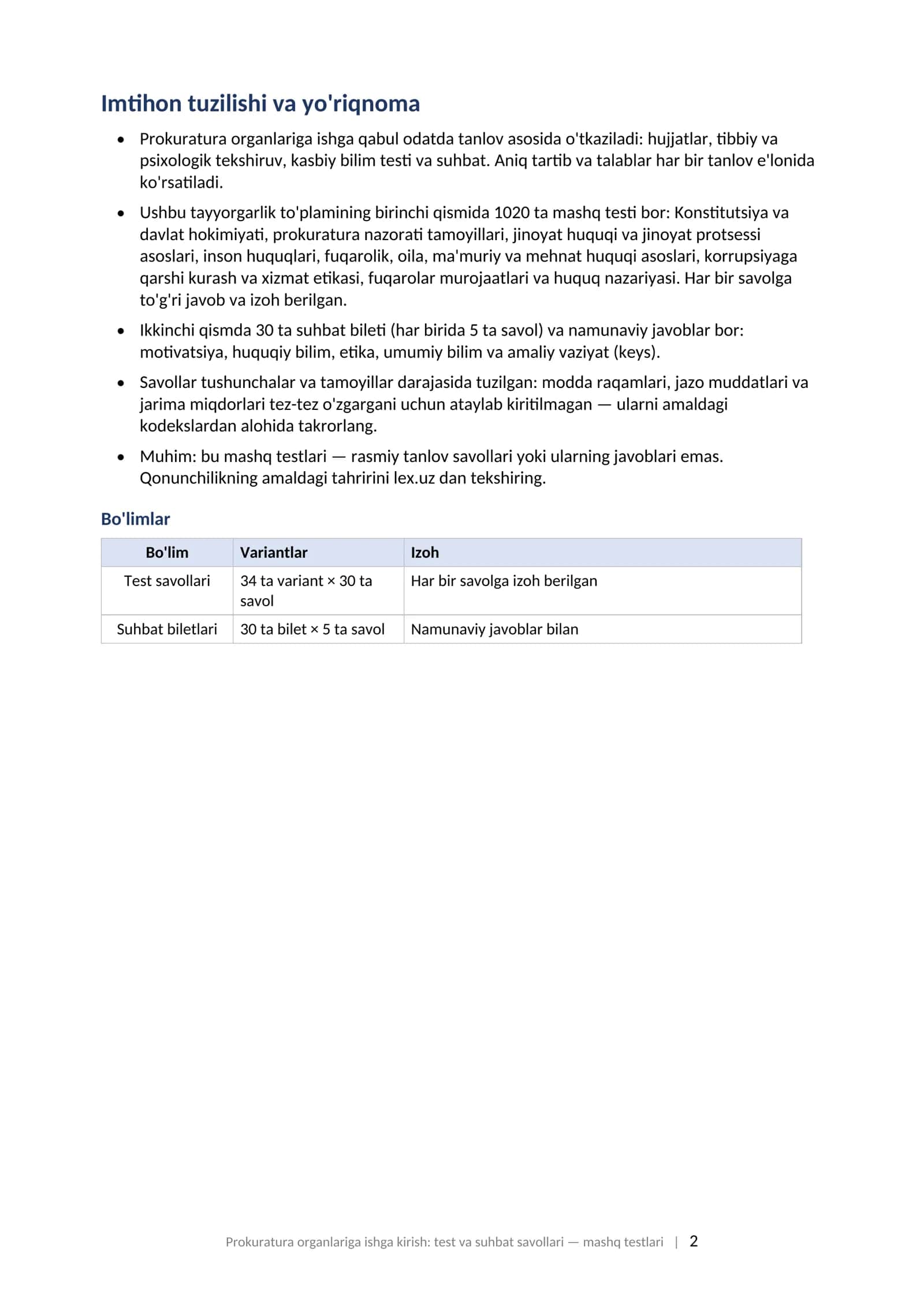 Prokuratura ishga kirish test savollari 2026 javoblari bilan va suhbat savollari tayyorgarlik toplami.  PROKURATURA ORGANLARIGA ISHGA KIRISH: TEST VA SUHBAT SAVOLLARI Tayyorgarlik to'plami: 1020 ta mashq testi (javoblari va izohlari bilan) + 30 ta suhbat bileti namunaviy javoblari bilan, 2026 2