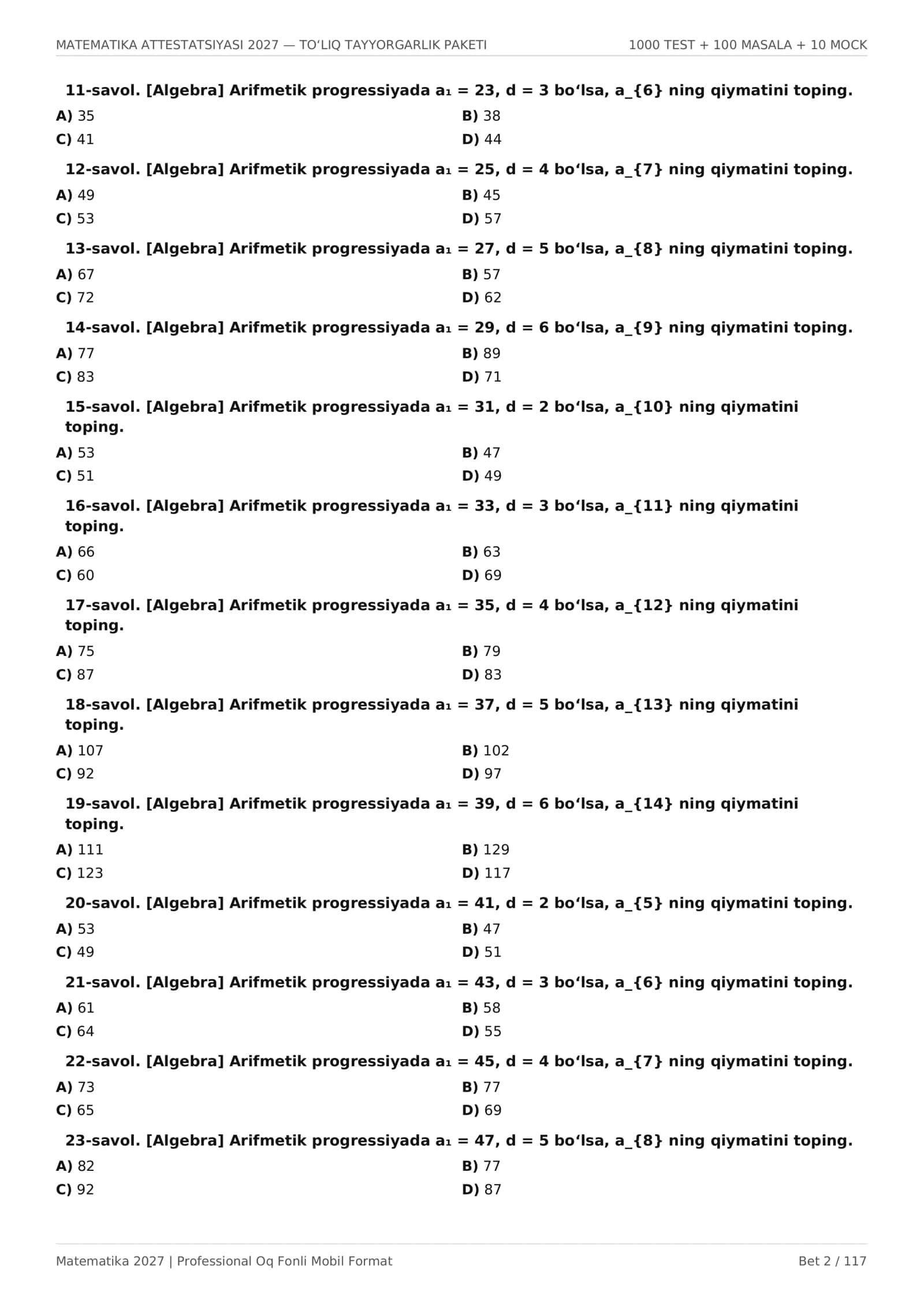 MATEMATIKA ATTESTATSIYASI 2027 — 1000 TA TEST + 10 MOCK + 100 MASALA 2