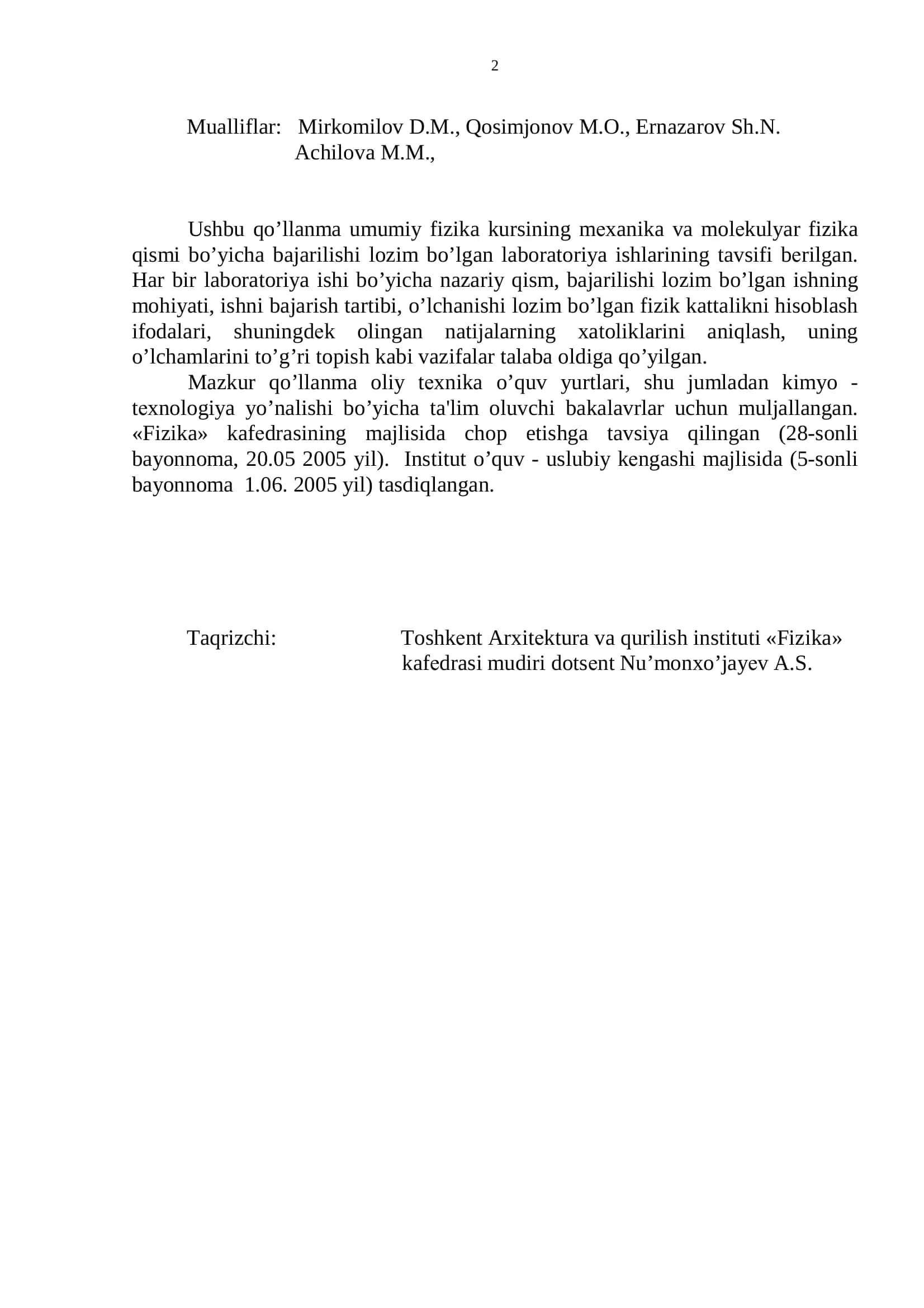 FIZIKADAN LABORATORIYA ISHLARI TO’PLAMI 2
