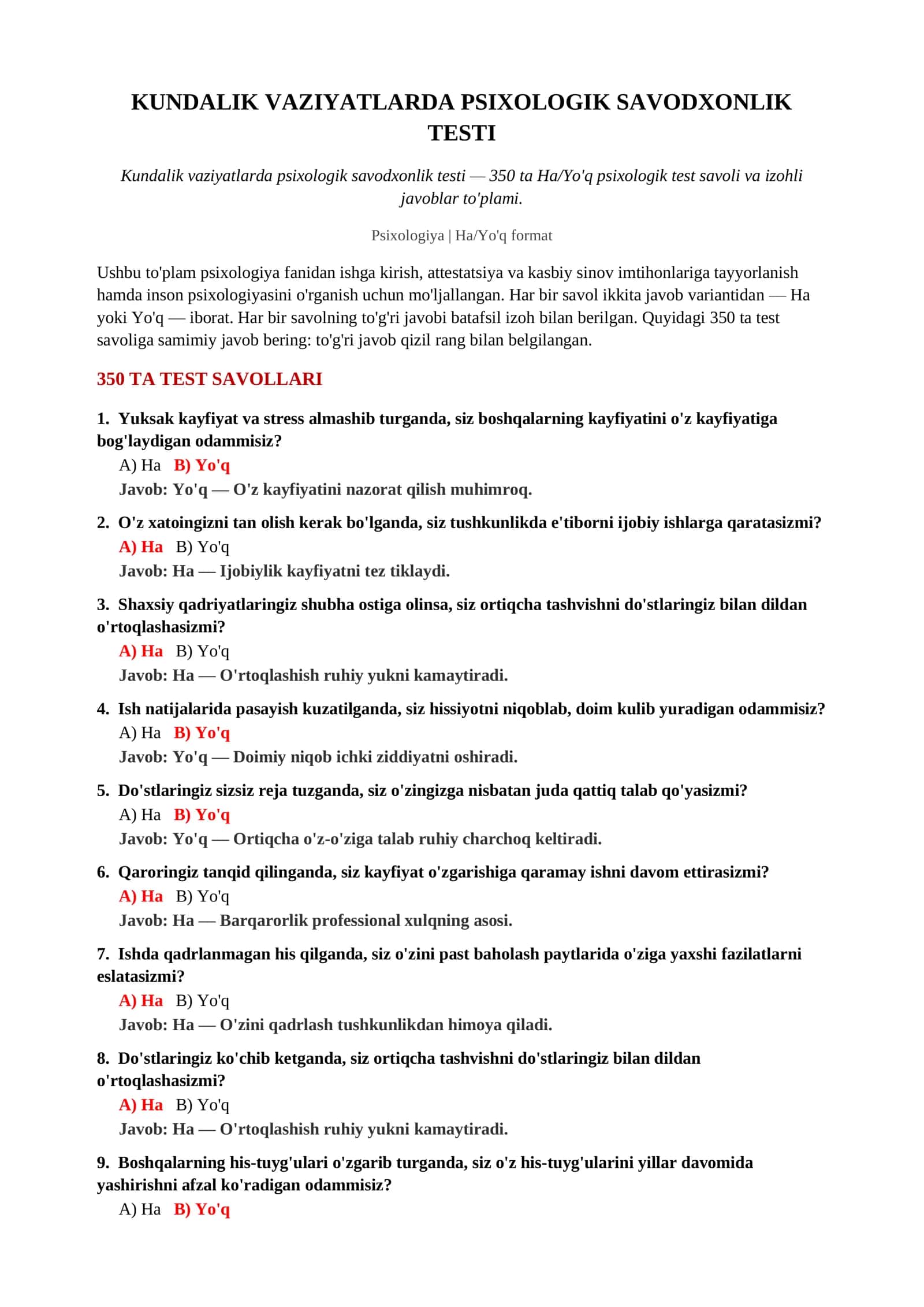 Kundalik vaziyatlarda psixologik savodxonlik testi 2