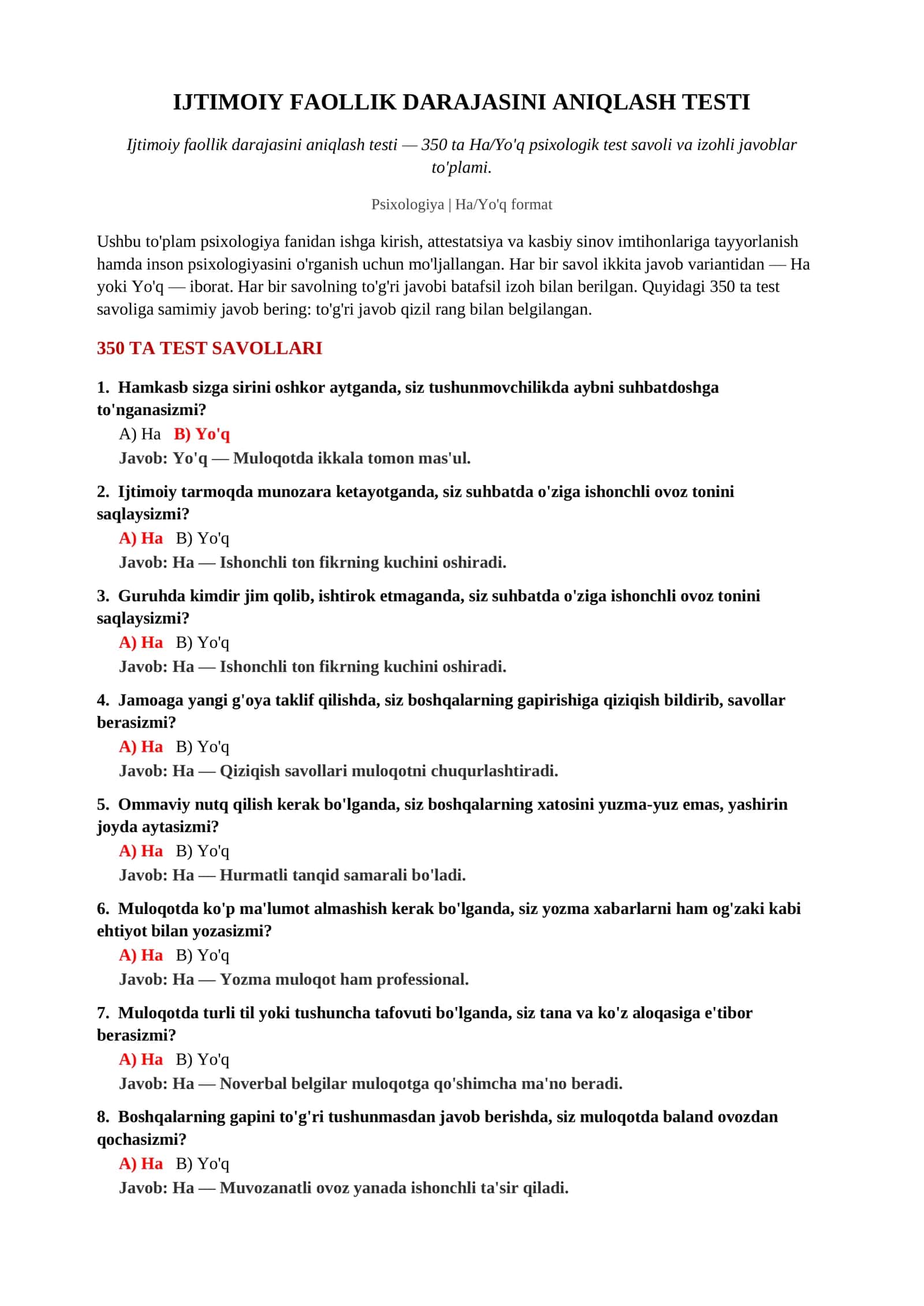 IJTIMOIY FAOLLIK DARAJASINI ANIQLASH TESTI 2
