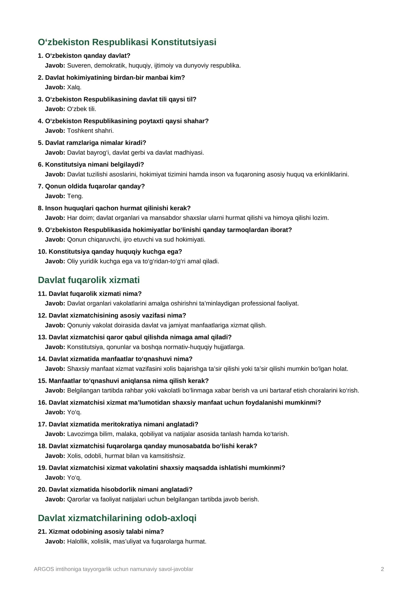 ARGOS imtihoniga tayyorgarlik uchun  savol-javoblar 2