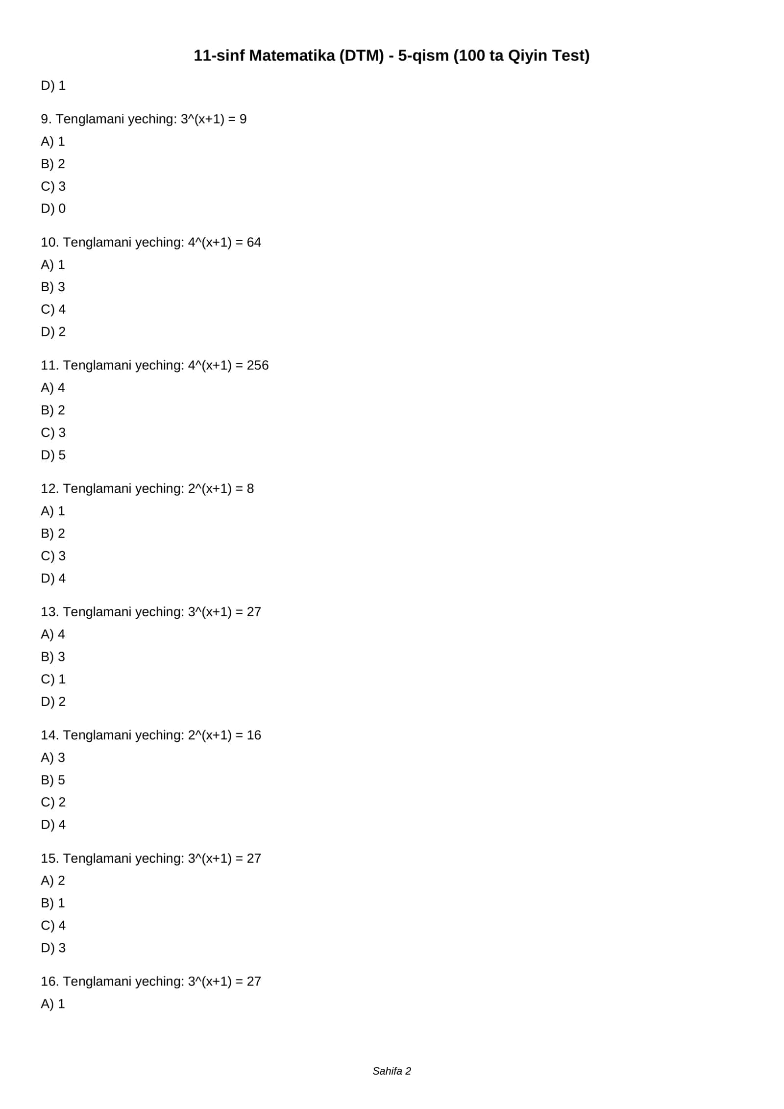 11-sinf Matematika (DTM) - 5-qism (100 ta Qiyin Test) 2