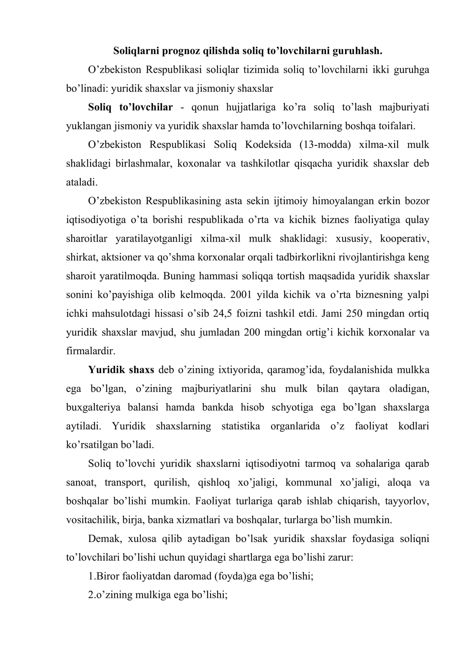 Soliq to’lovchilar guruhlari bo’yicha soliq tushumlari tahlili 2