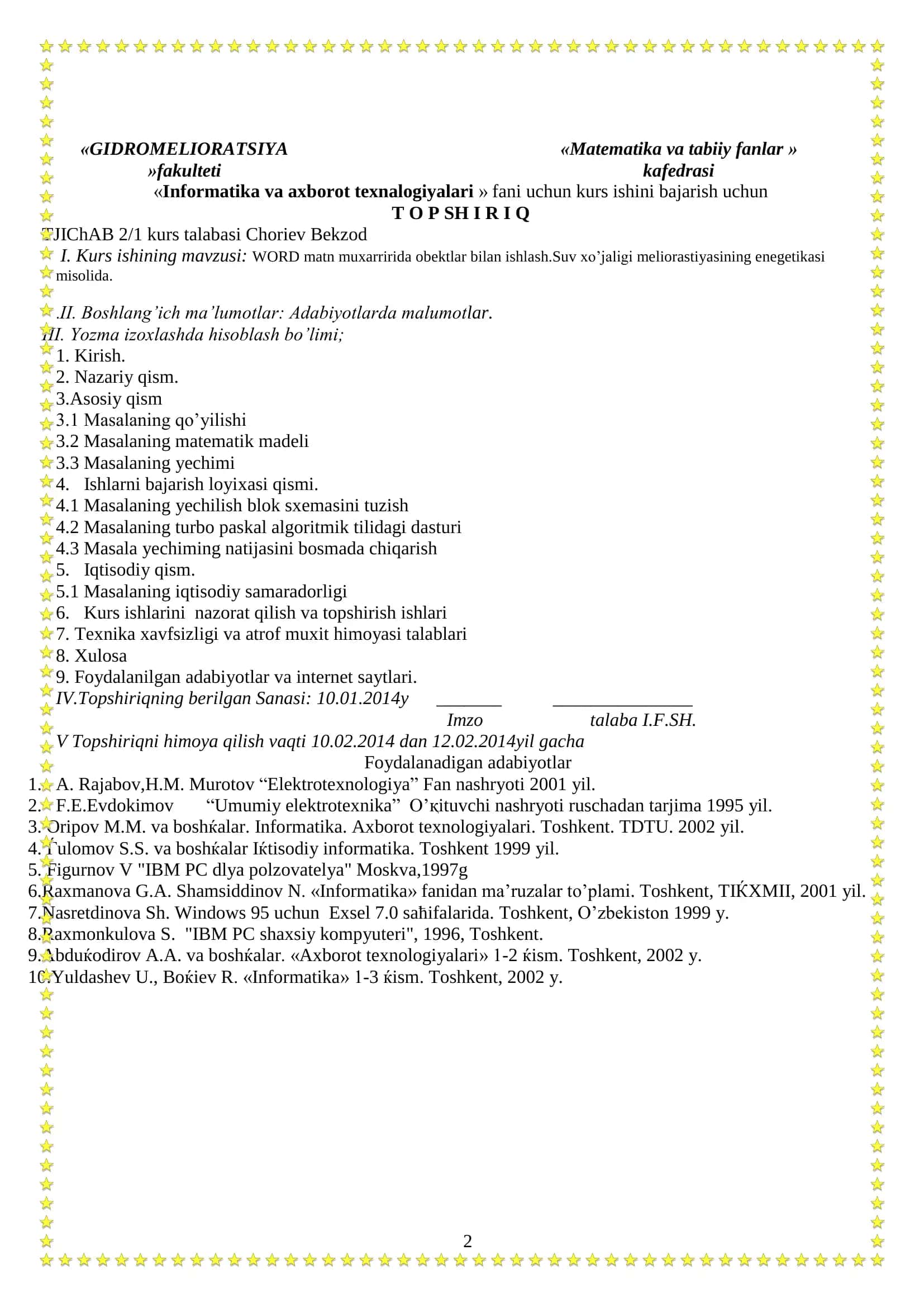 WORD matn muharrida ob'ektla bilan ishlash.Suv xo'jaligi melioratsiyasining energetikasi misolida 2