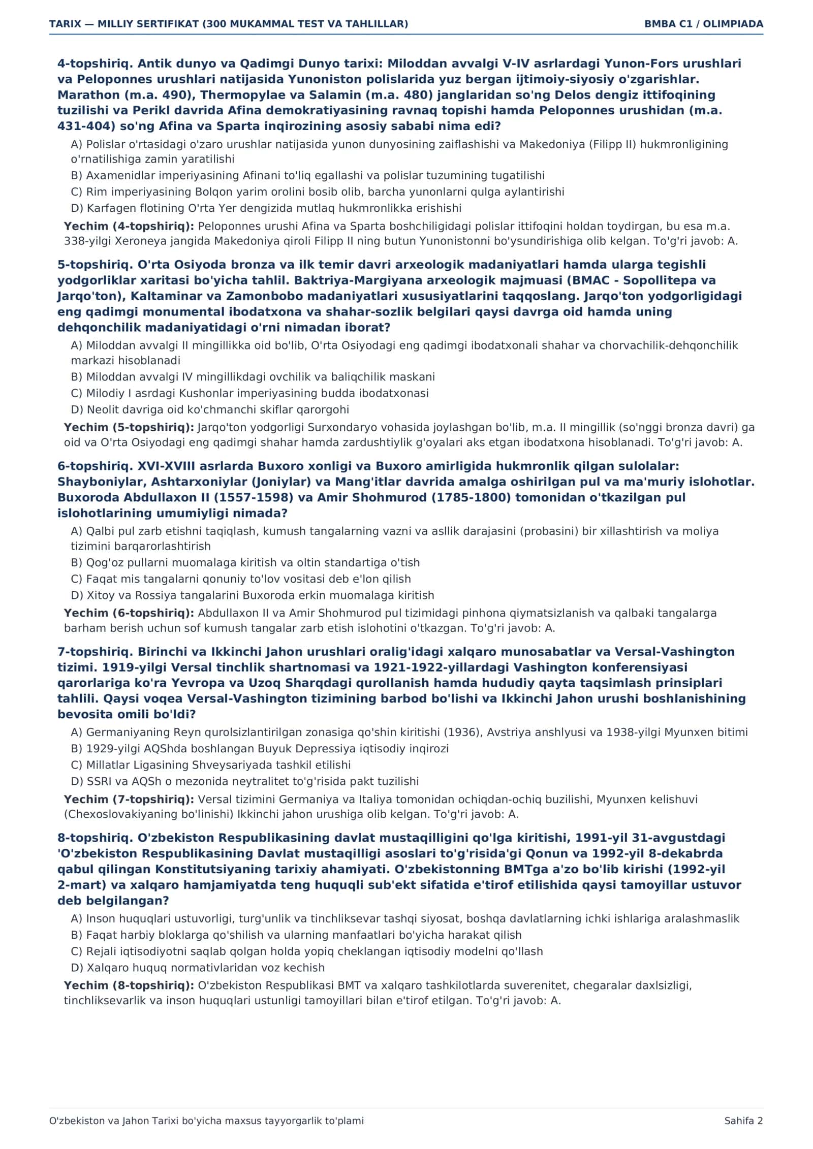 TARIX — MILLIY SERTIFIKAT (300 MUKAMMAL TEST VA TAHLILLAR) 2