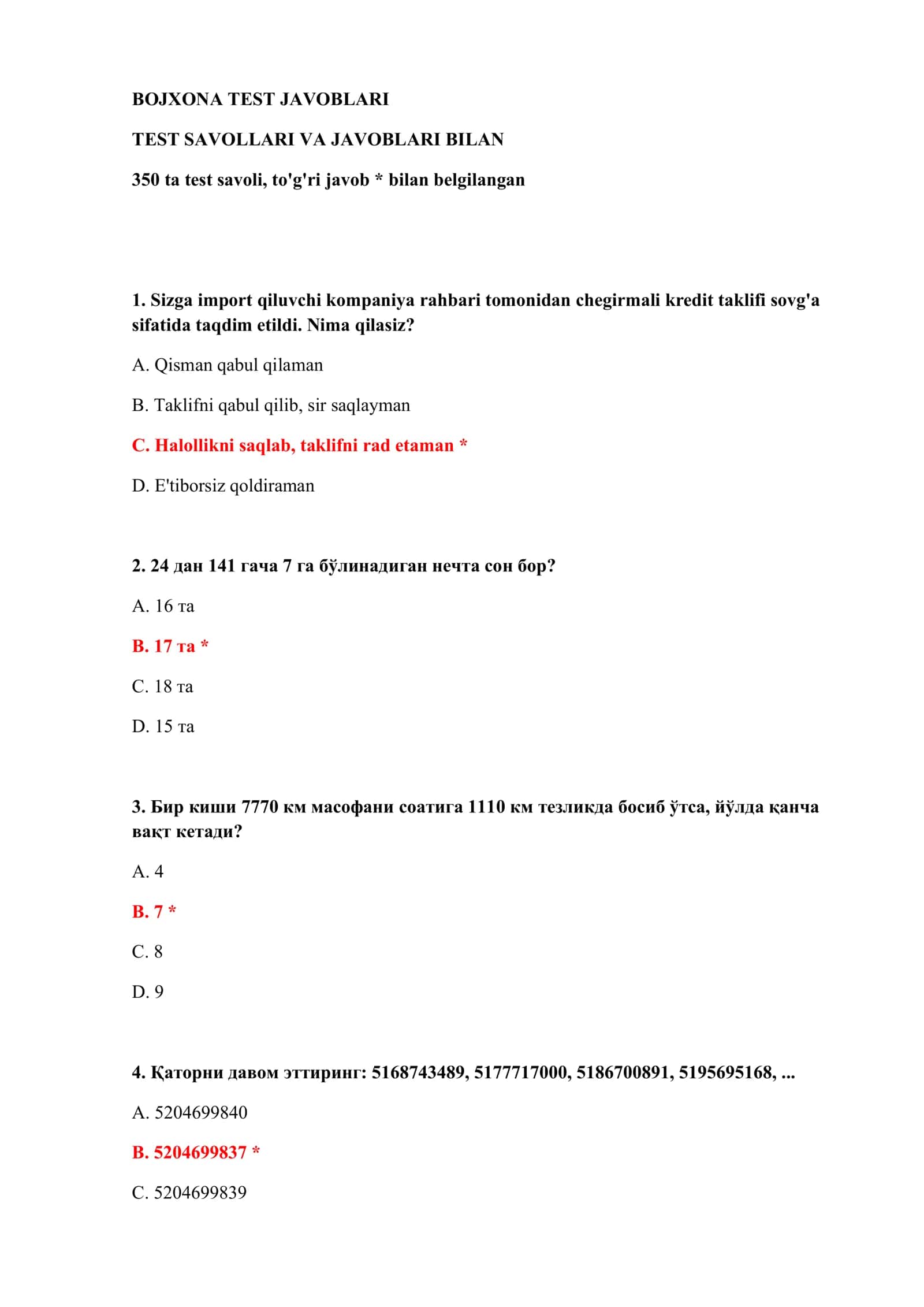 BOJXONA TEST JAVOBLARI 2