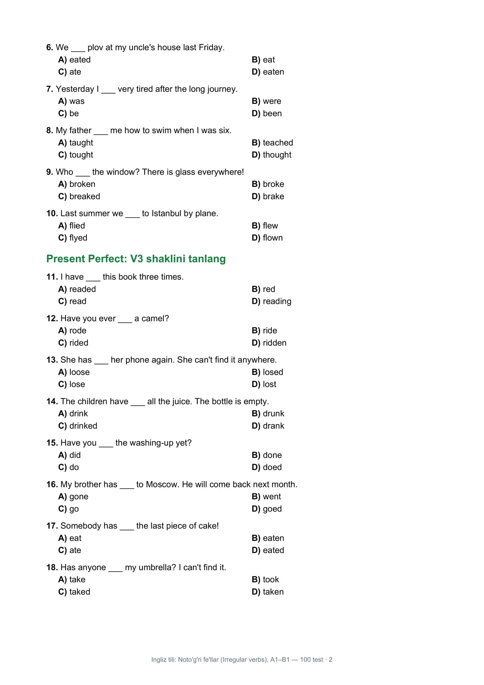 Ingliz tili: Noto'g'ri fe'llar (Irregular verbs) 2