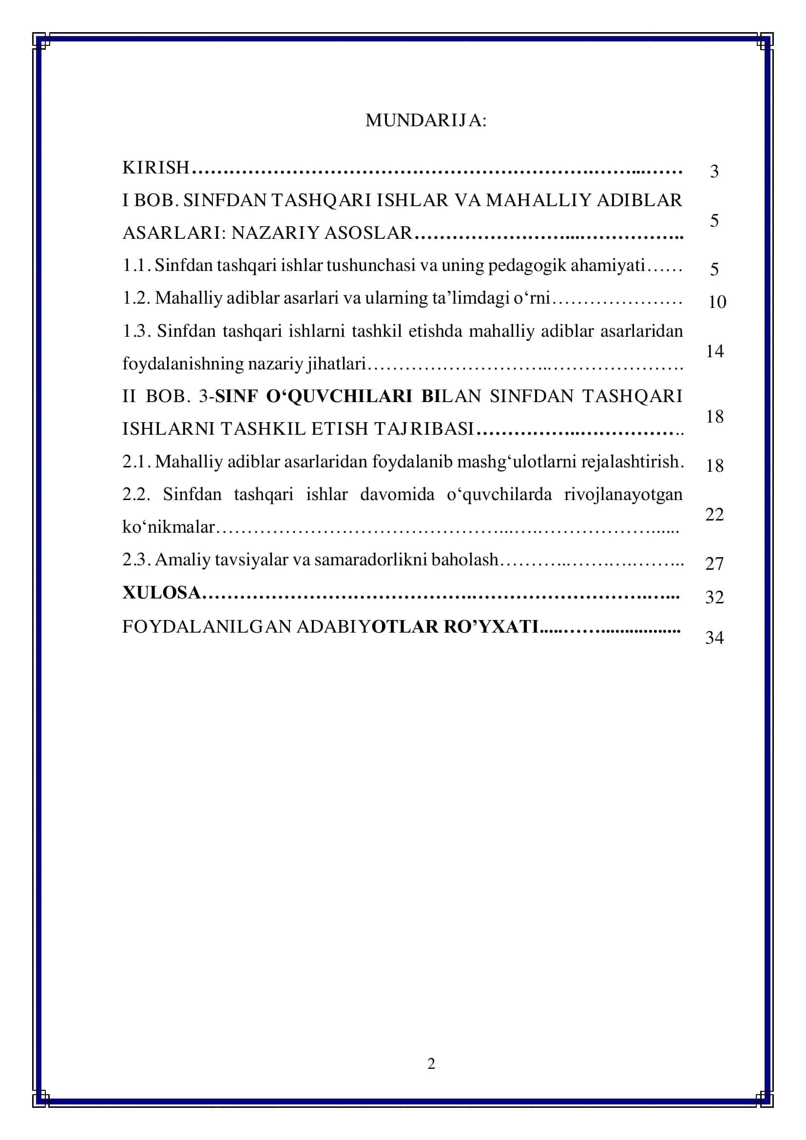 "3-sinfda sinfdan tashqari ishlarni tashkil etishda mahalliy adiblar asarlaridan foydalanish" Kurs ishi 2