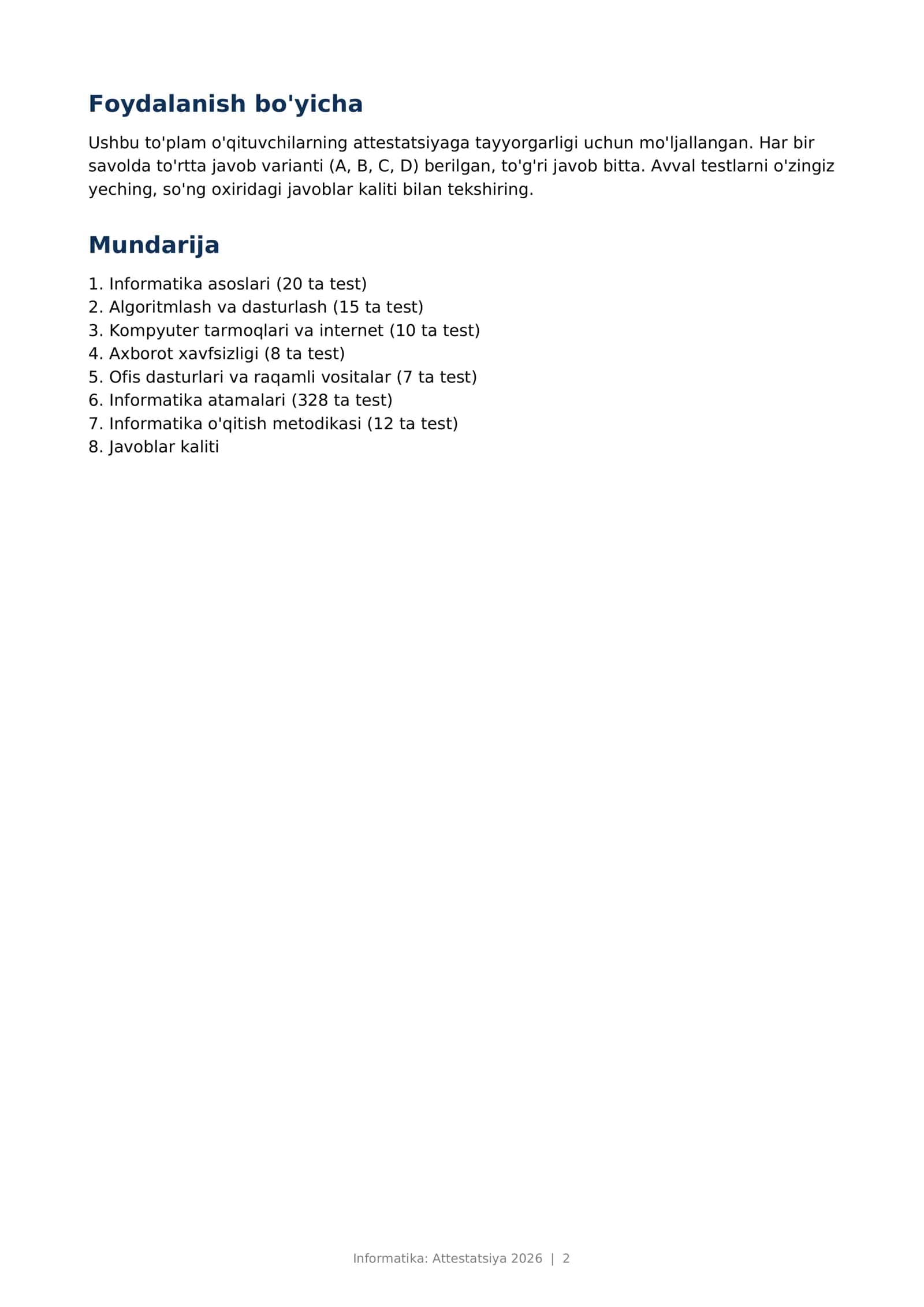 Informatika Attestatsiya 2026 test 400 ta 2