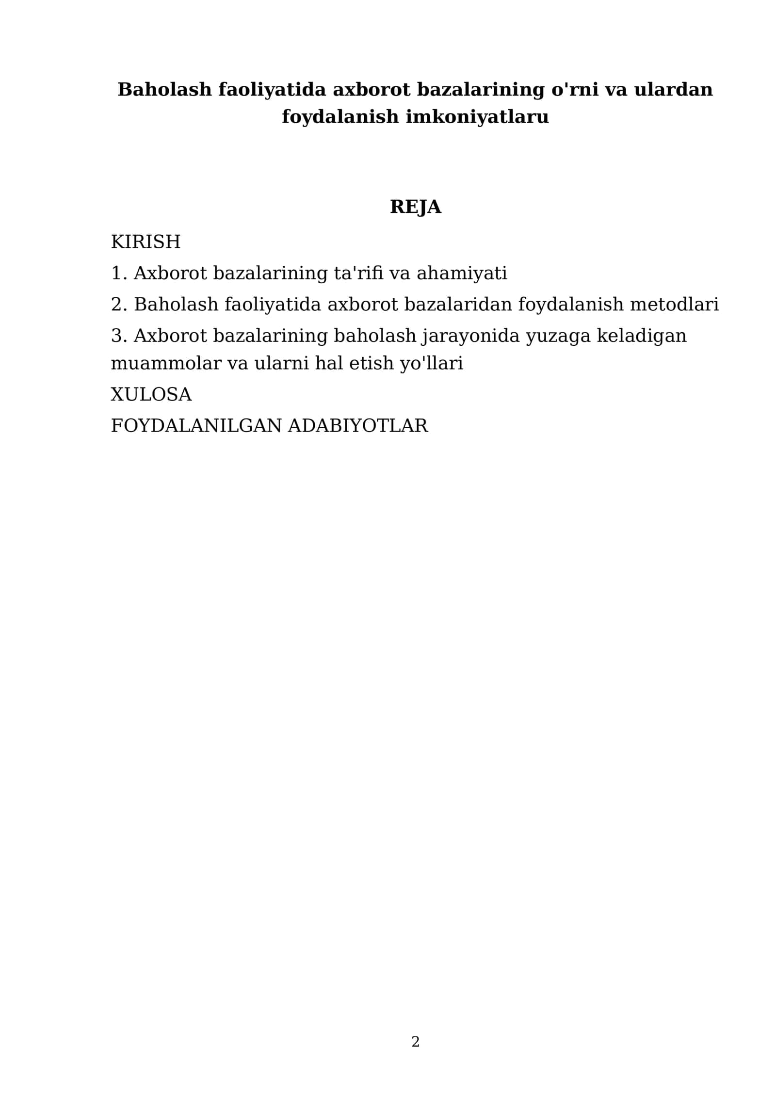 Baholash faoliyatida axborot bazalarining o'rni va ulardan foydalanish imkoniyatlaru 2