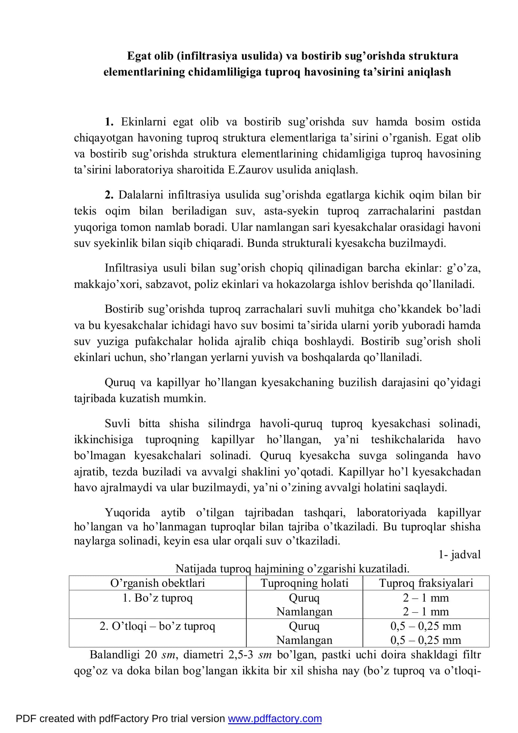 Egat olib (infiltrasiya usulida) va bostirib sug’orishda struktura elementlarining chidamliligiga tuproq havosining ta’sirini aniqlash 2
