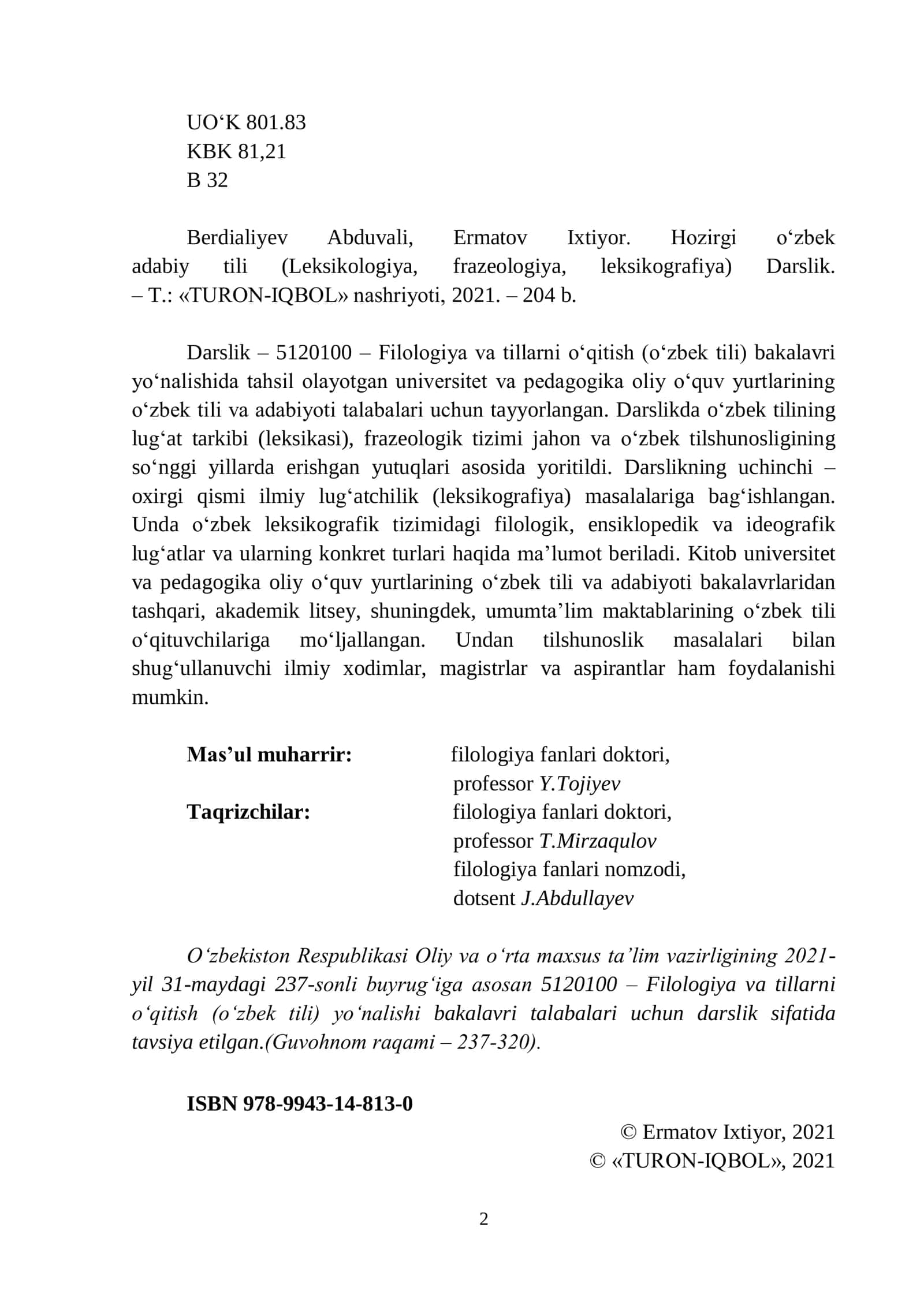 Hozirgi o‘zbek adabiy tili (Leksikologiya, frazeologiya, leksikografiya) Darslik 2
