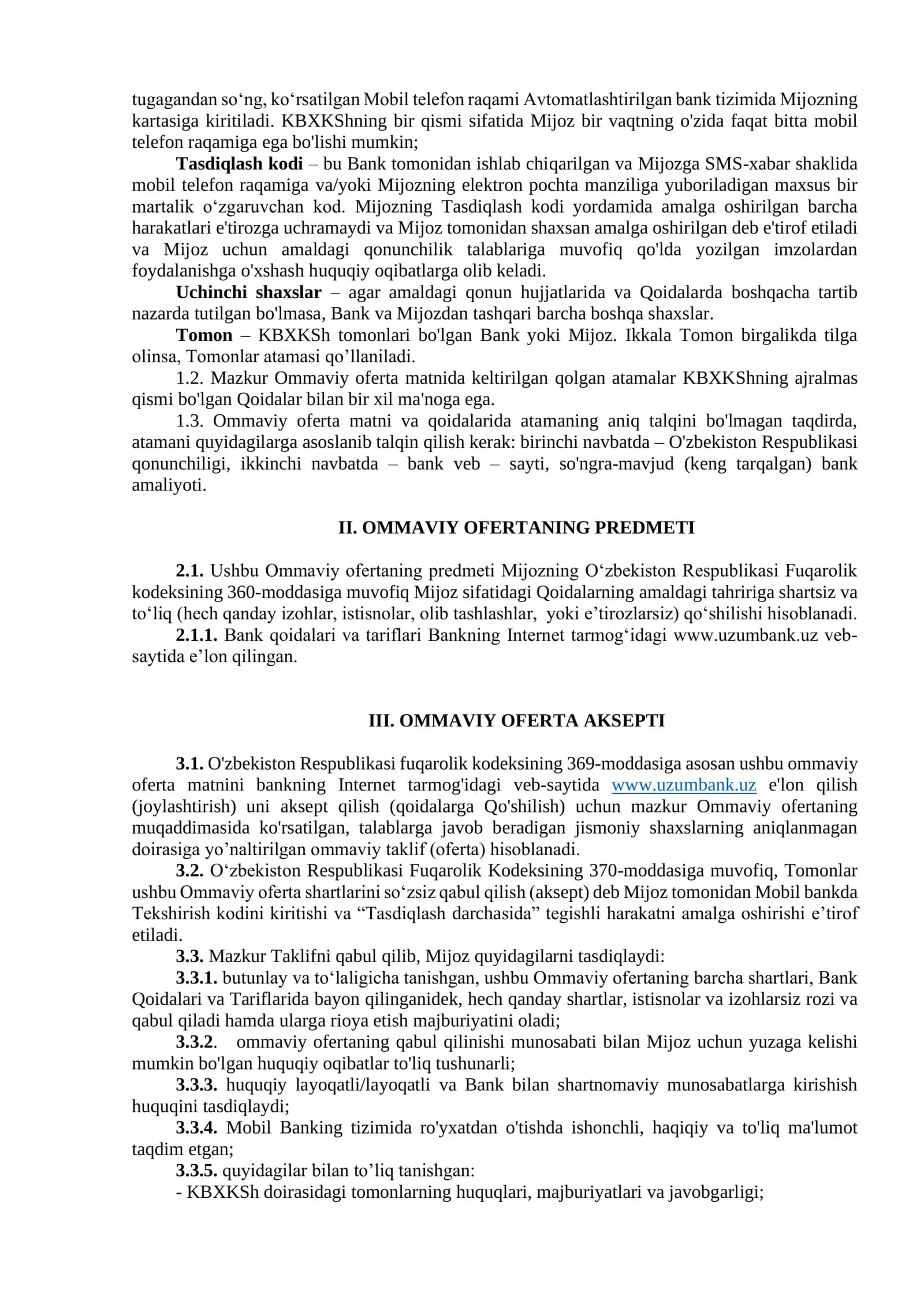 UZUM BANK"AJda jismoniy shaxslarga kompleks bank xizmati Qoidalariga qo'shilish to'g'risidagi OMMAVIY OFERTA Toshkent sh. 16.01.2025 2