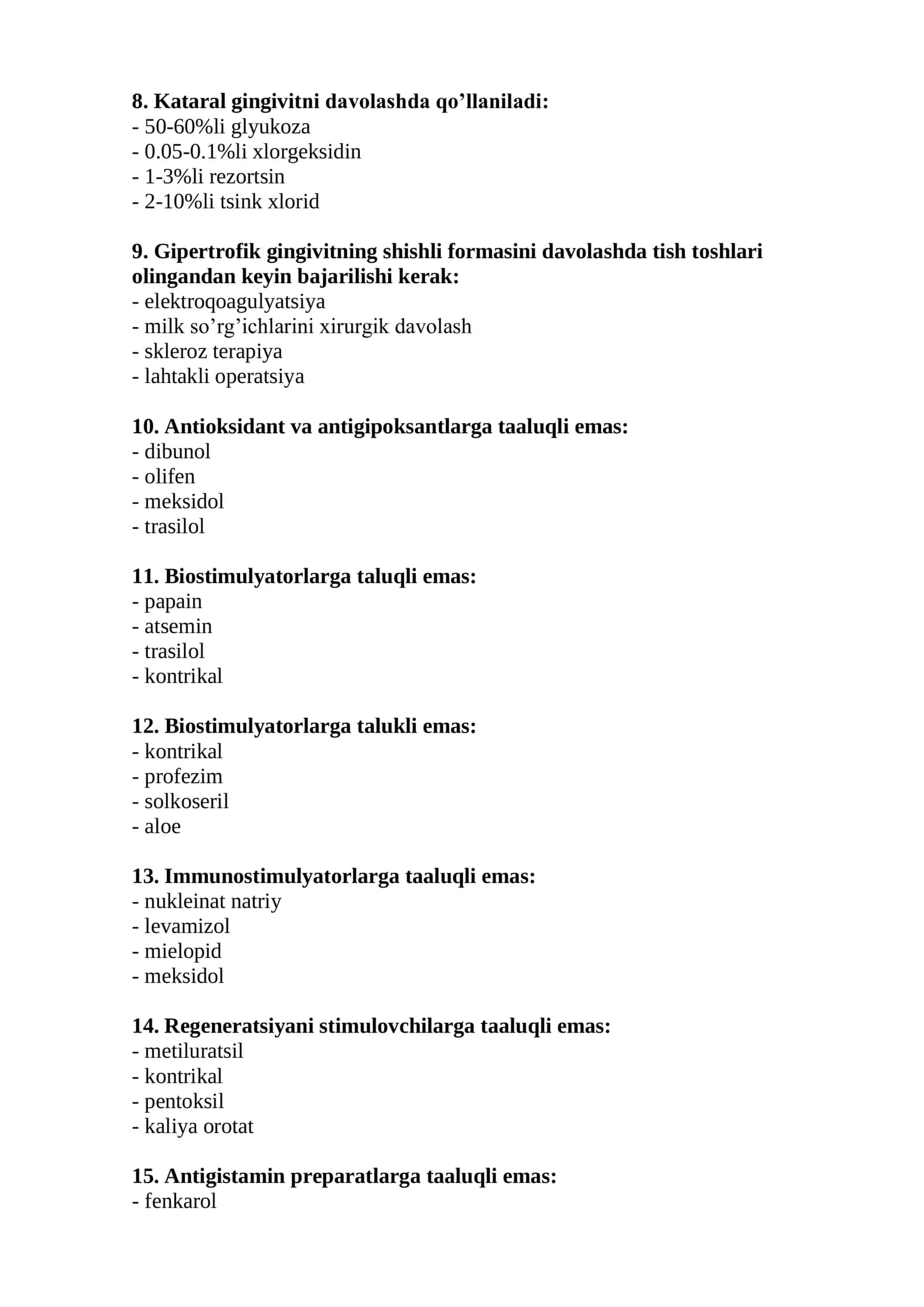 Parodontologiya mutaxassisligi bo’yicha shakllantirilgan test savollari ro’yxati 2026 2