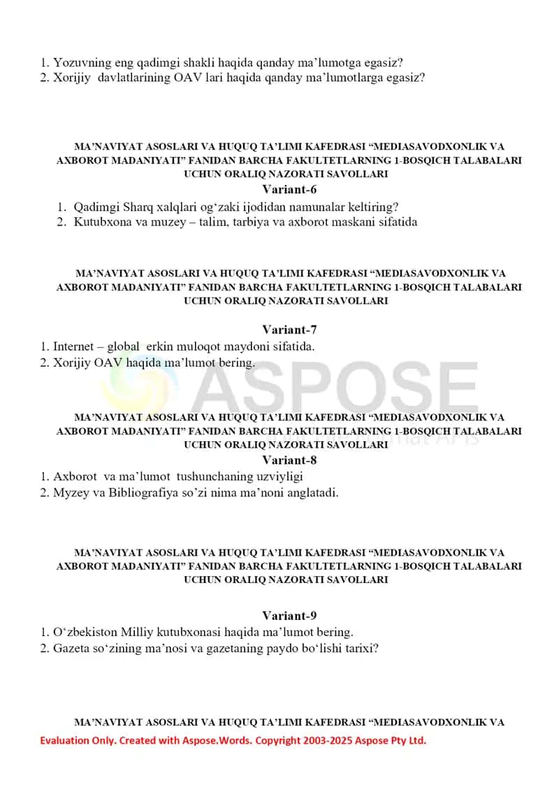 Mediasavodxonlik va axborot madaniyati fani oraliq nazorat savollari to‘plami 2