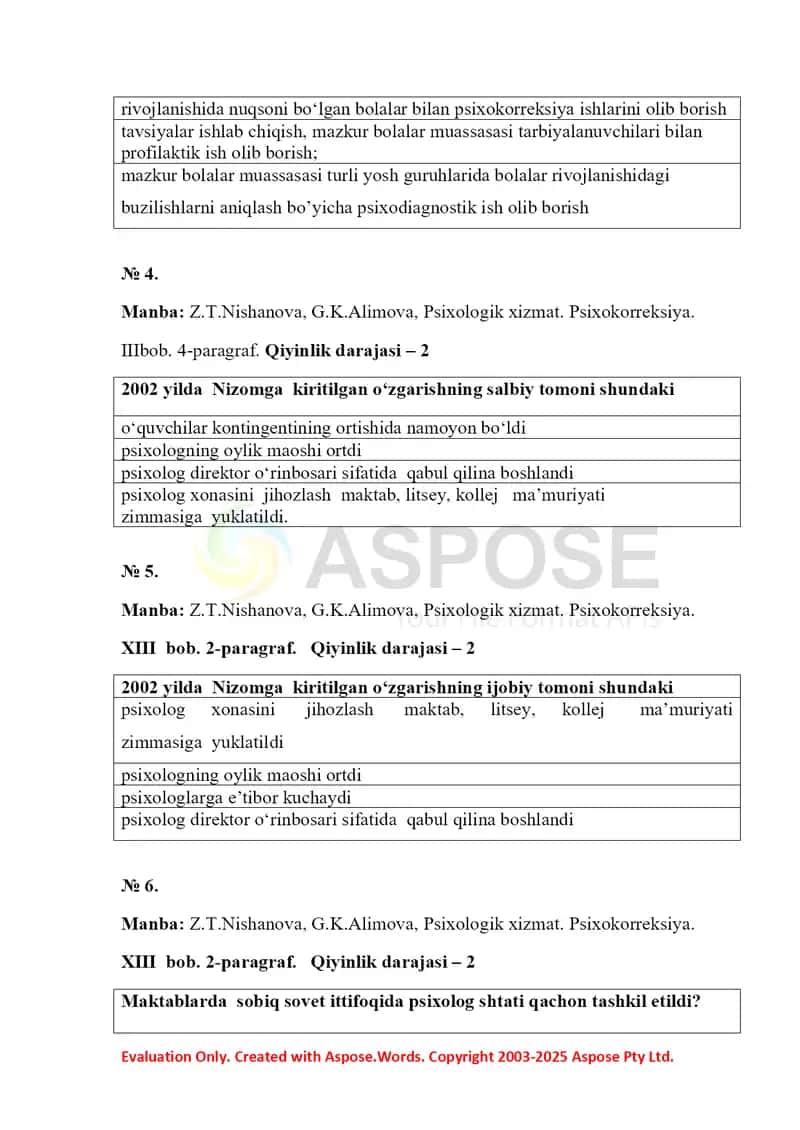 PSIXOLOGIK XIZMAT. PSIXOLOGIK KORREKSIYA testlari 2
