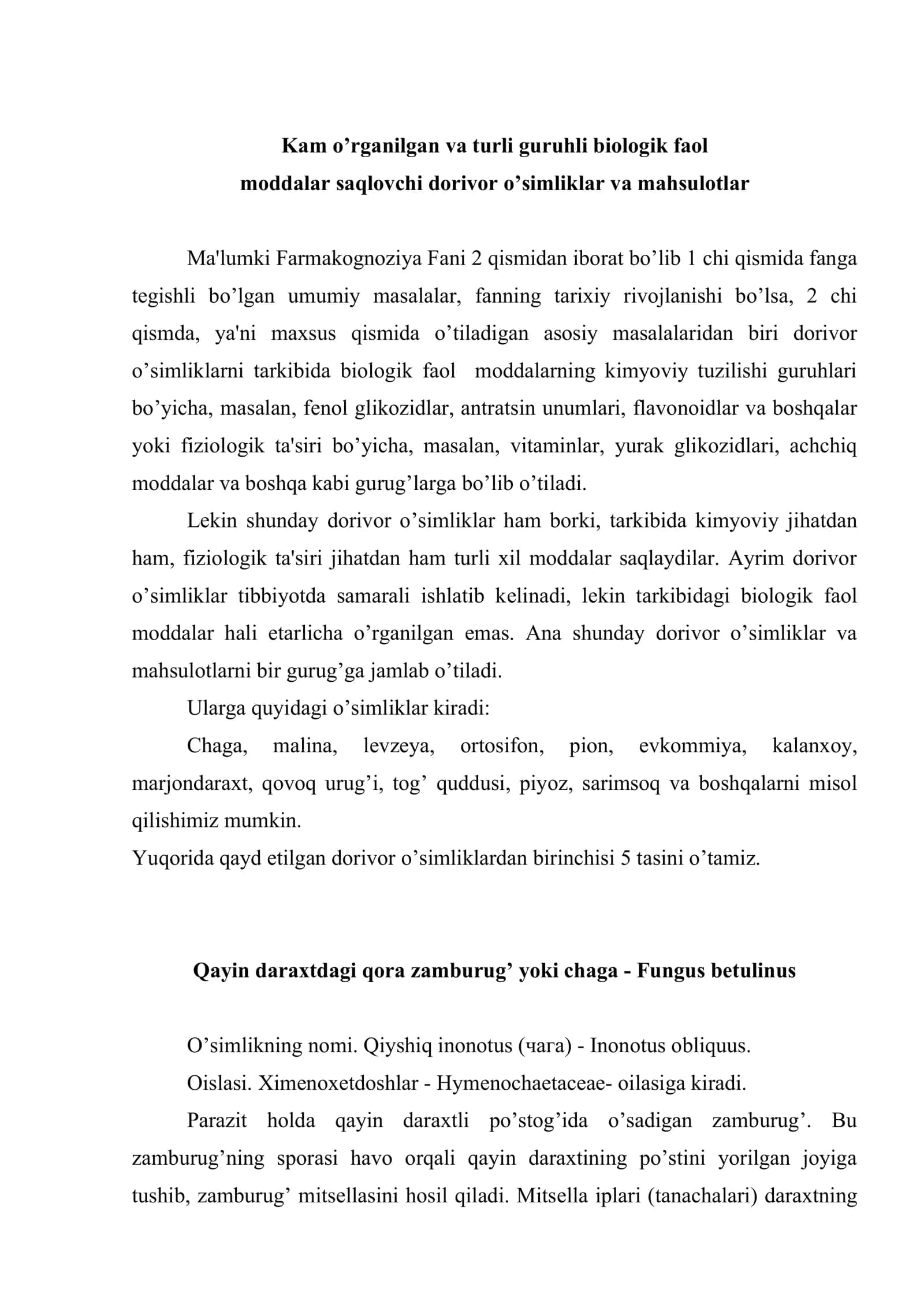 Tarkibi kam o’rganilgan va turli guruhli biologik faol moddalar saqlovchi dorivor o’simliklar va mahsulotlar mavzusidagi ma'ruza uchun uslubiy qo’llanma 2